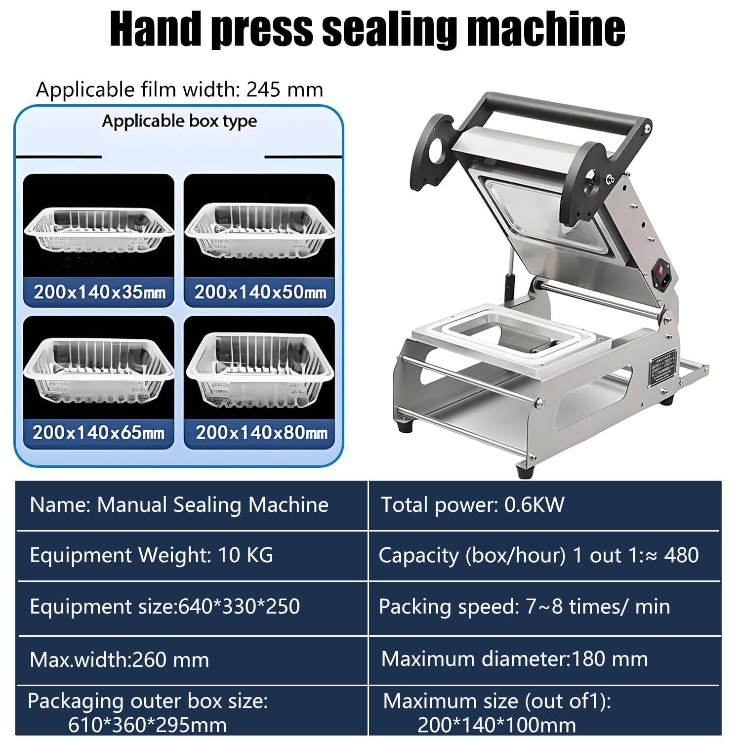 Sellador térmico de alimentos comerciales, máquina selladora manual de bandejas para sándwiches 7-8 veces/minuto, máquina empacadora para restaurantes, comida para llevar, catering Sealing 26 * 17cm