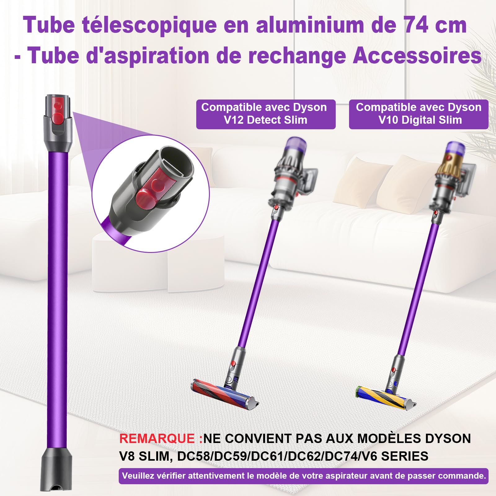 Tube Extension pour Dyson V12 Detect Slim / V10 Digital Slim Aspirateur，Accessoire de Tube Rallonge avec Dégagement Rapide 74cm，Rechange pour Tuyau D'aspiration (Violet）