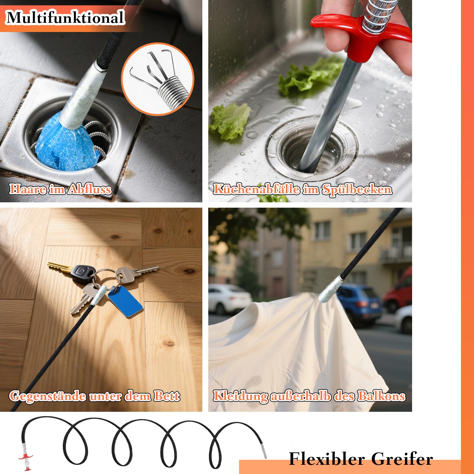 7 Stück Abflussreiniger Spirale,Flexibel Krallengreifer,Doppelkopf-Rohrreinigungsbürste,Bruchsicherer Stahl-Abflussreiniger,Geeignet für Badewannen,Waschbecken,Küchen,Badezimmer und Toiletten