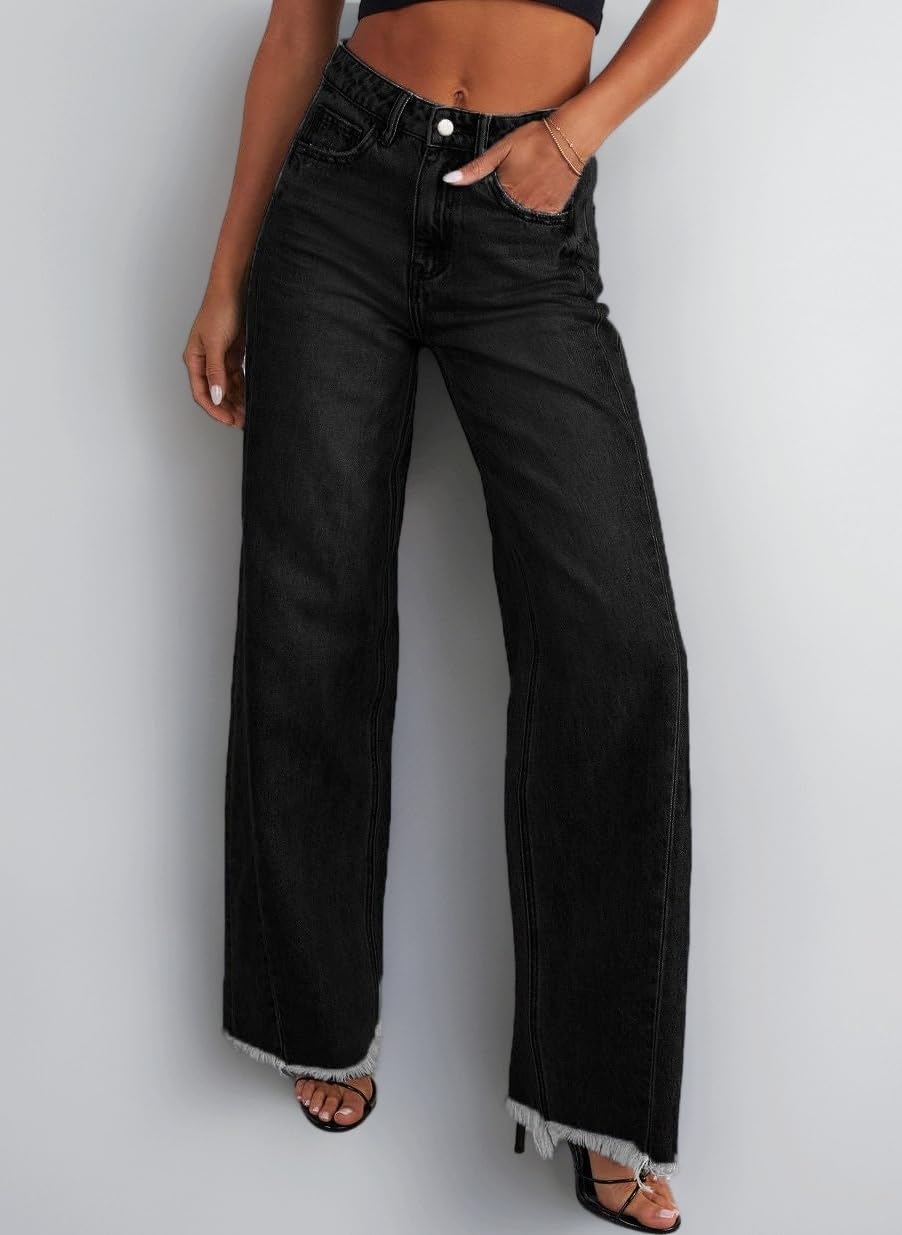 American Vintage Women’s High Waisted Wide Leg Jeans Casual Style Washed Denim Fringe Hem Relaxed Fit Jeans for Daily Wear