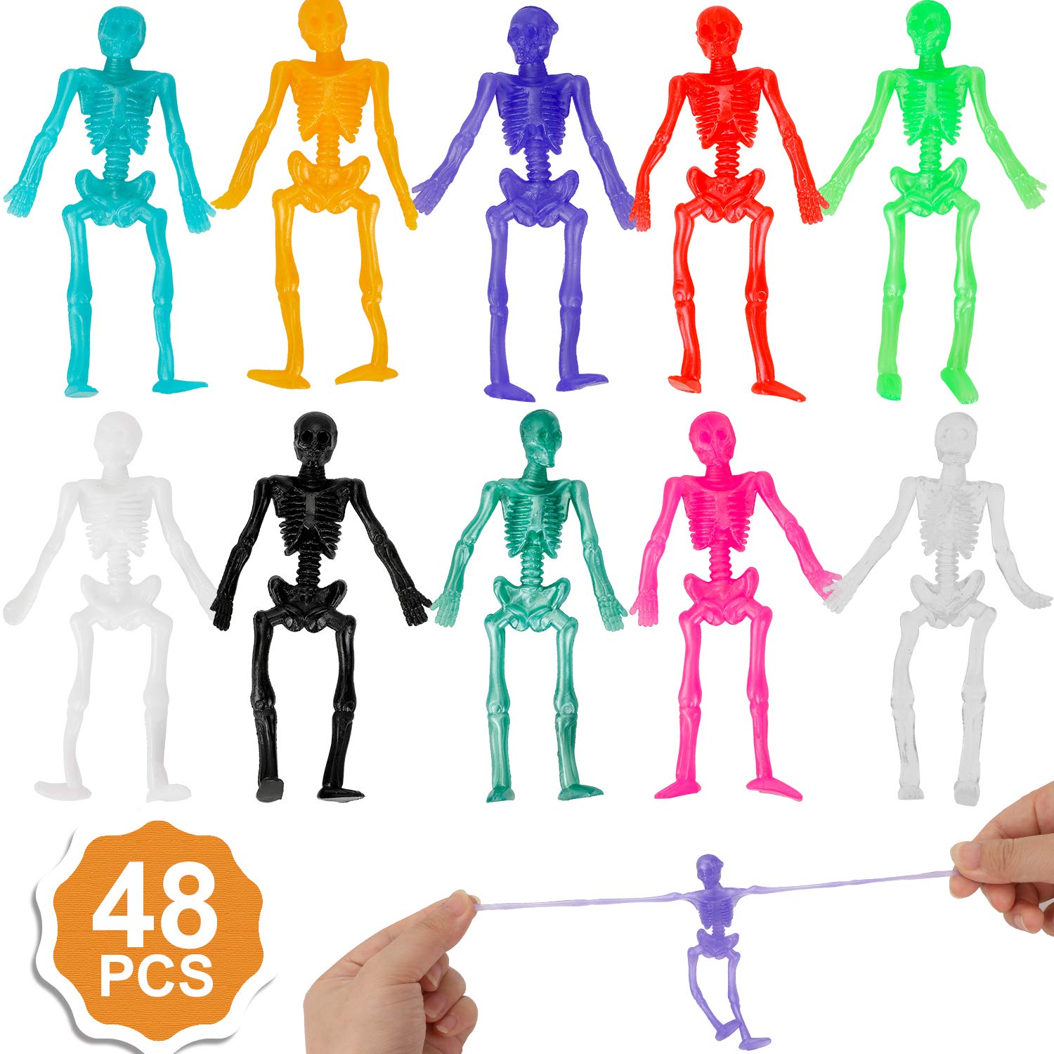 48 Pack Stretchy Skeletons Stretchy Toys Bulk Set, Random 10 Glitter Color Sensory Bendable Toys, Party Favors Halloween Birthday Gift, Goodie Bags, Pinata Filler, Classroom Prizes