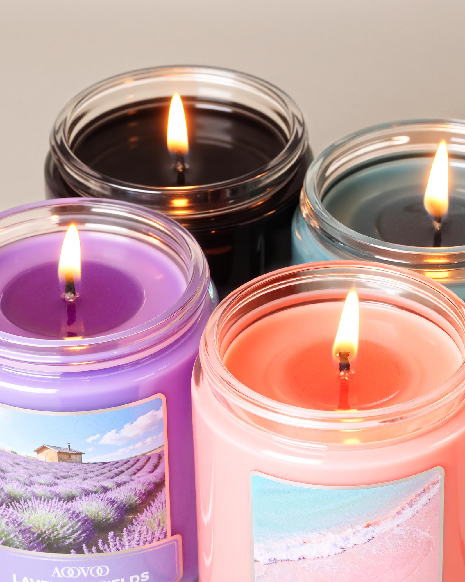 AOOVOO Juego de velas perfumadas para mujer, paquete de 4 velas de cera de soja para el hogar, 1020 g, 200 horas de combustión, velas aromáticas de playa rosa/luz de luna de isla/sueño de verano