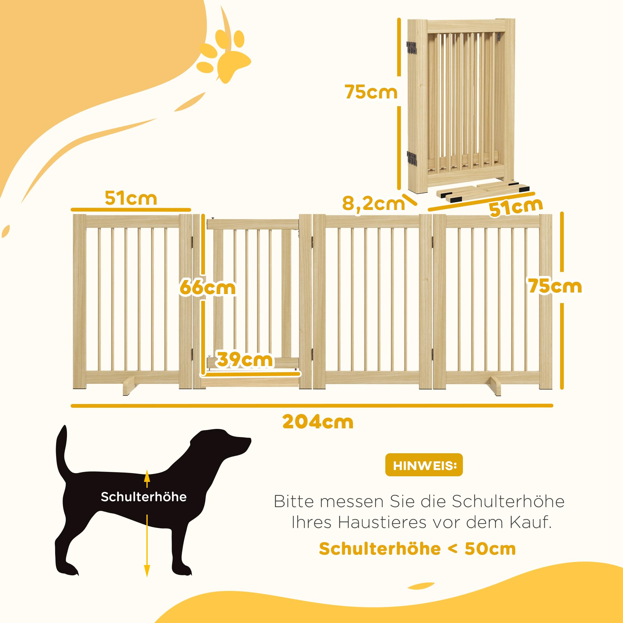 PawHut Absperrgitter Hund Freistehendes Schutzgitter mit Füßen 204 x 75 cm Holz Hundegitter Treppenschutzgitter Türschutzgitter Treppengitter für Treppen, Türen, Küche, Flur, 4 Paneelen, Natur