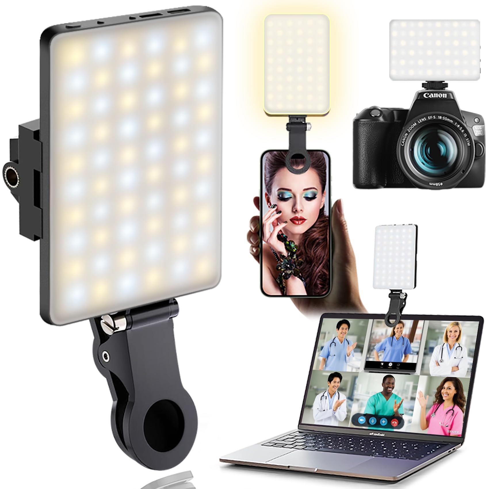 60 LED Portable Selfie Light Video Conference Lighting with Clip & Camera Tripod Adapter Rechargeable 2200mAh CRI 97+, 3 Light Modes for Phone iPhone Webcam Laptop Photo Makeup-image-19