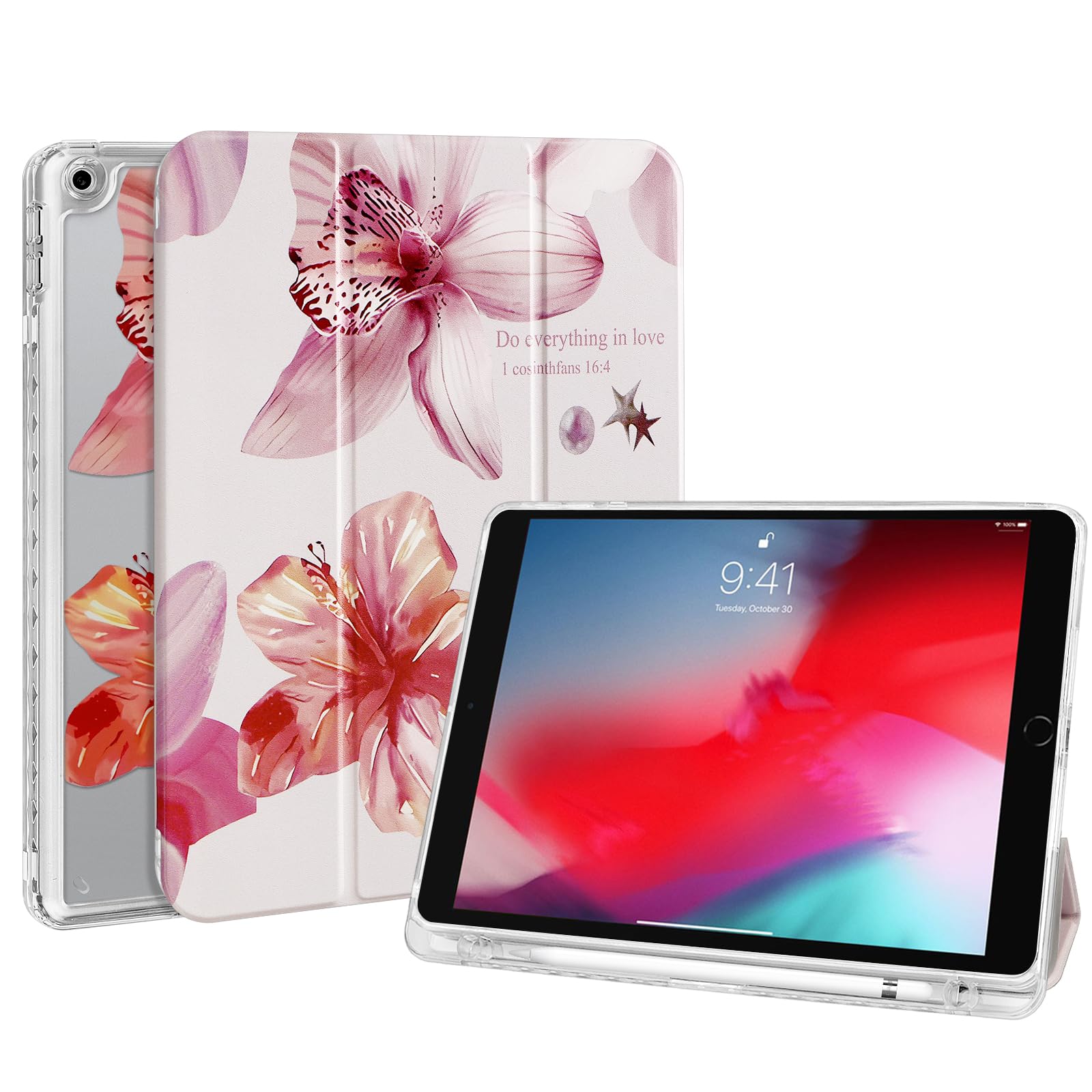 Fycyko Hülle für iPad 9./8./7. Generation 2021/2020/2019, iPad 10,2 Zoll Hülle Klare Durchsichtig Rückseite mit Stifthalter, Hibiskus Lilien Blume Trifold Ständer Ästhetisches Schutzhülle Rosa
