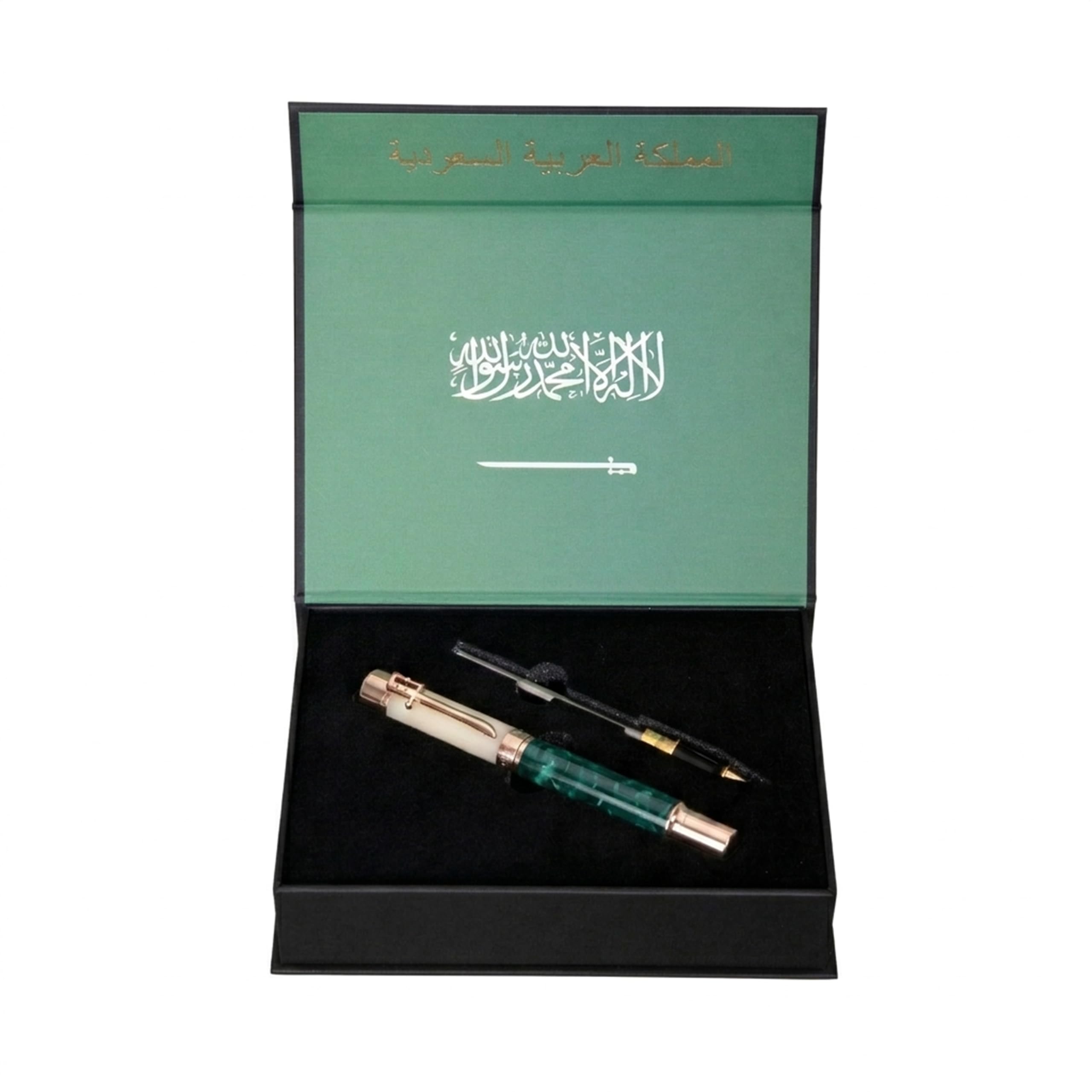 Piguet Genève – Pluma estilográfica 2en 1 de lujo y ergonómico – Serie Al-Ardah – Punta alemana Bock Mediana, borde dorado, tinta azul, caja de regalo con recarga universal y convertidor recargable
