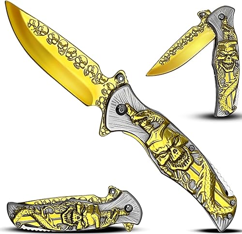 HOLYEDGE Cuchillo plegable de calavera cuchillo táctico de bolsillo para supervivencia al aire libre cuchillo EDC con hoja de espejo dorada clip de