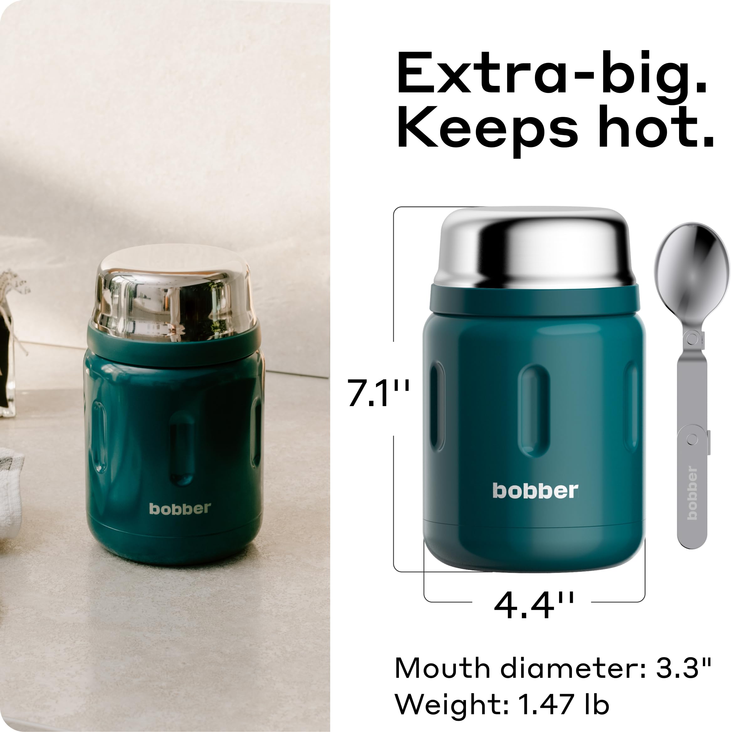 BOBBER 680,4 g Wide Mouth Isolierte Thermosdose für Suppe und heiße Speisen - Edelstahl mit integriertem Löffel - hält 14 Stunden heiß, 20 Stunden kalt (Deep Teal)