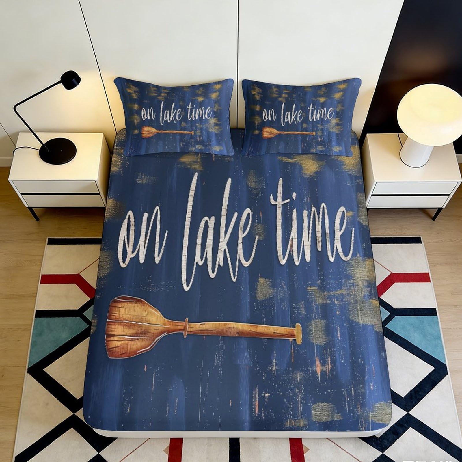 3D Printed Lakeside Fitted Sheet Microfiber Full Wrap Non-Slip Oar Lake Scene Mattress Fitted Cover Bedroom Set 140x200x25cm
