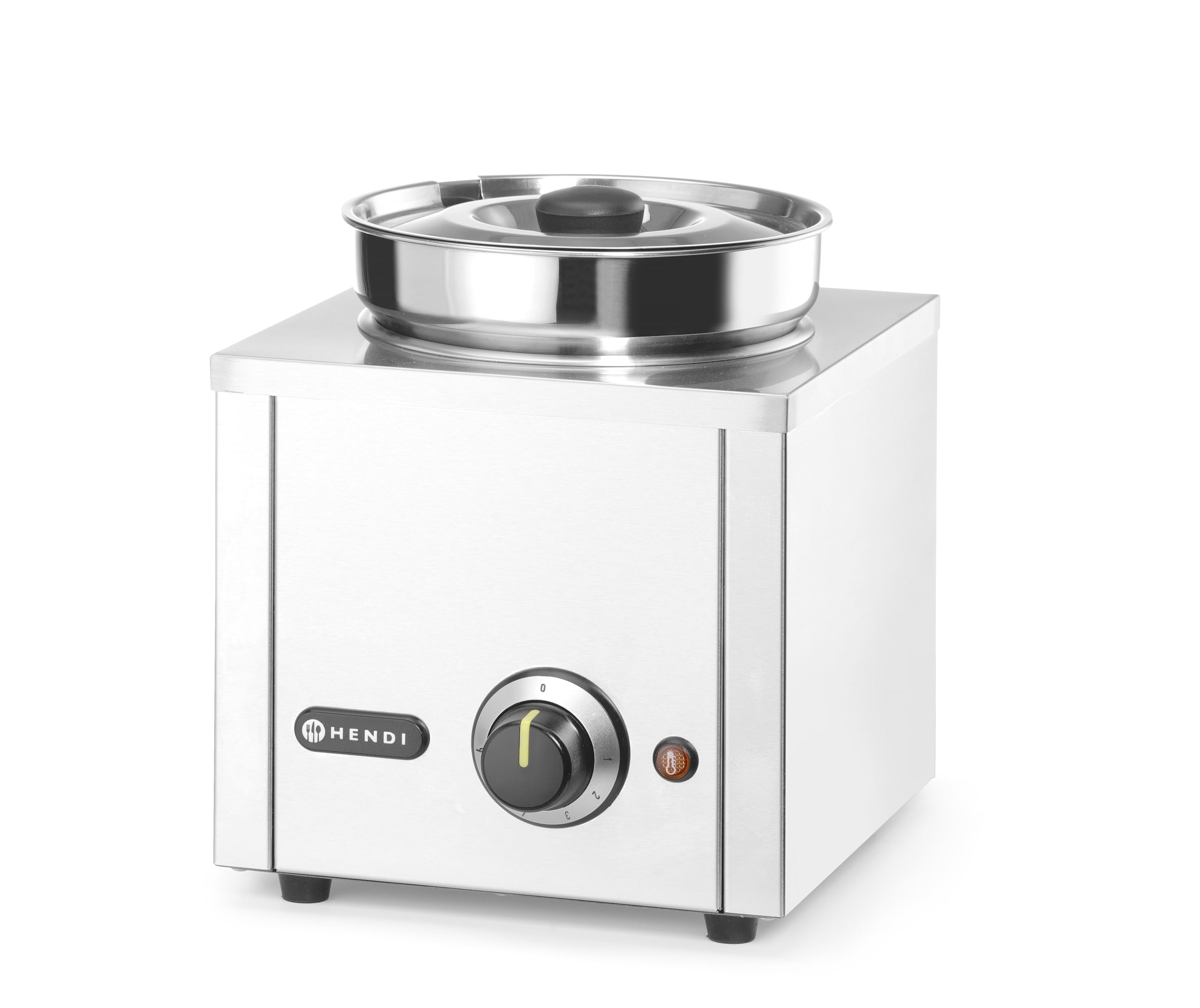 HENDI Baño María eléctrico profesional con 1 recipiente de acero inoxidable con tapa (1x4 L), Termosistema, Calentador de alimentos y sopas a 30–85 °C, 4 L, 220V/200W, 256x312x(H)298mm