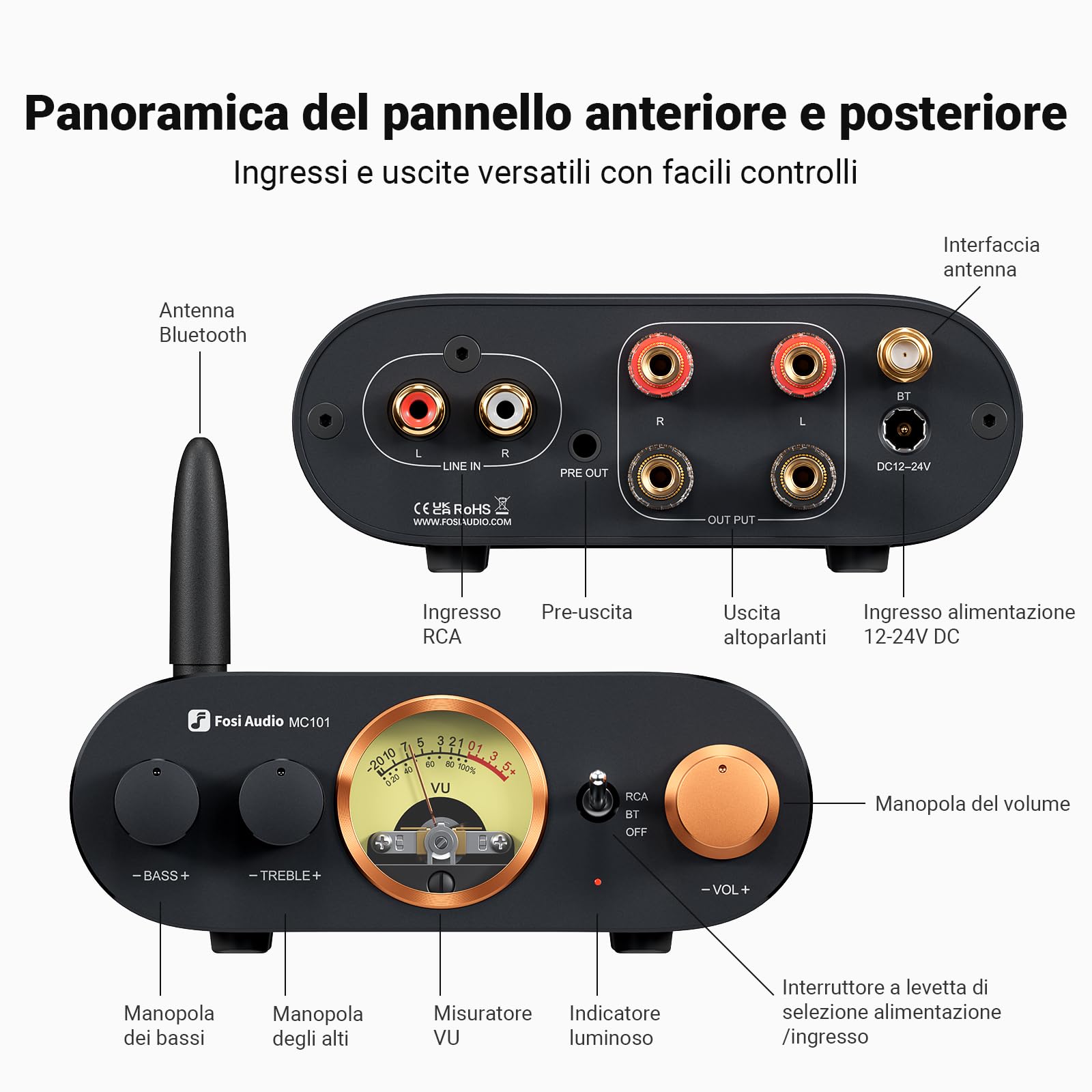 Fosi Audio MC101 Amplificatore Bluetooth 5.3, con VU Meter, Controllo dei Bassi e Acuti, 100Wx2 Mini Amplificatore Stereo HiFi a 2 Canali per Altoparlanti Passivi/Sistema HiFi Domestico/Home Theatre