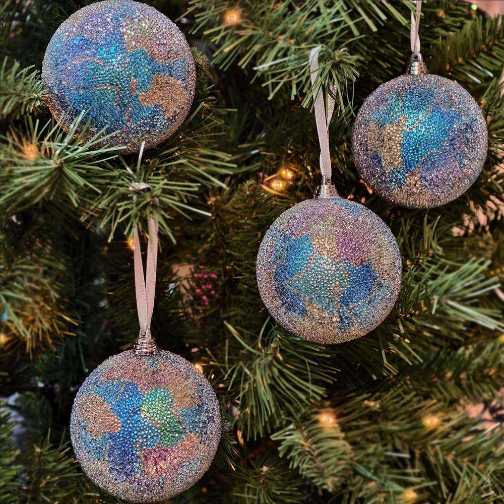 Lot de 4 boules de décoration de sapin de Noël bleues mystiques fabriquées à la main avec mini perles transparentes de 8 cm (bleu mystique)