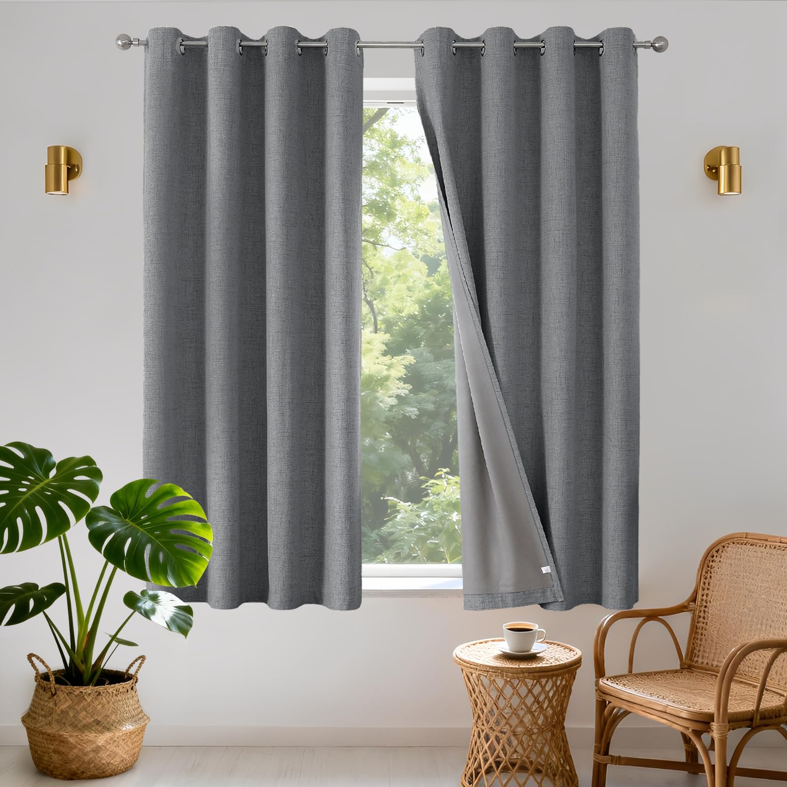 Joydeco 100% Cortinas Opacas 2 Piezas, Lino Cortinas Dormitorio con Ojales Anti Luz Cortina Termica Aislantes Frio y Calor para Salon(Gris, 2x140x175cm)