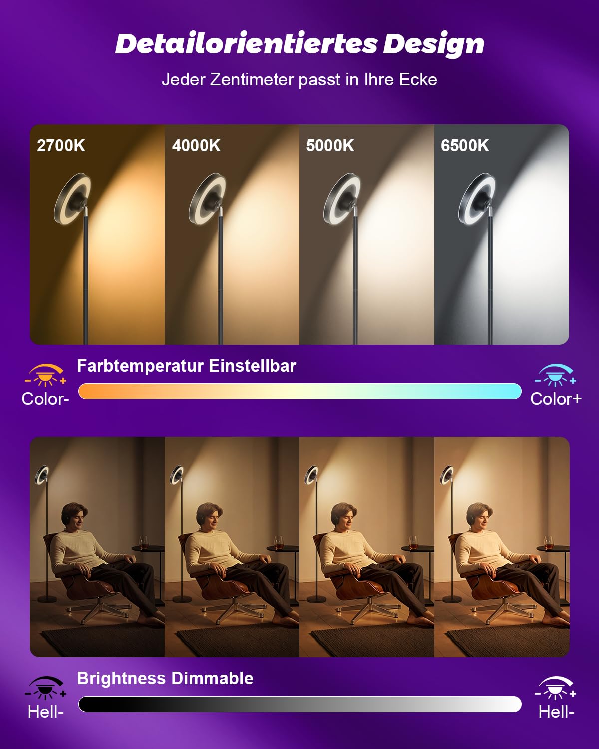 LED Deckenfluter mit Wasserwellen-Projektor, 24W Stehlampe Wohnzimmer Dimmbar, RGB Ambientebeleuchtung, 2700-6500K, Fernbedienung, Moderne Stehleuchte für Schlafzimmer Gaming Zimmer Wohnzimmer
