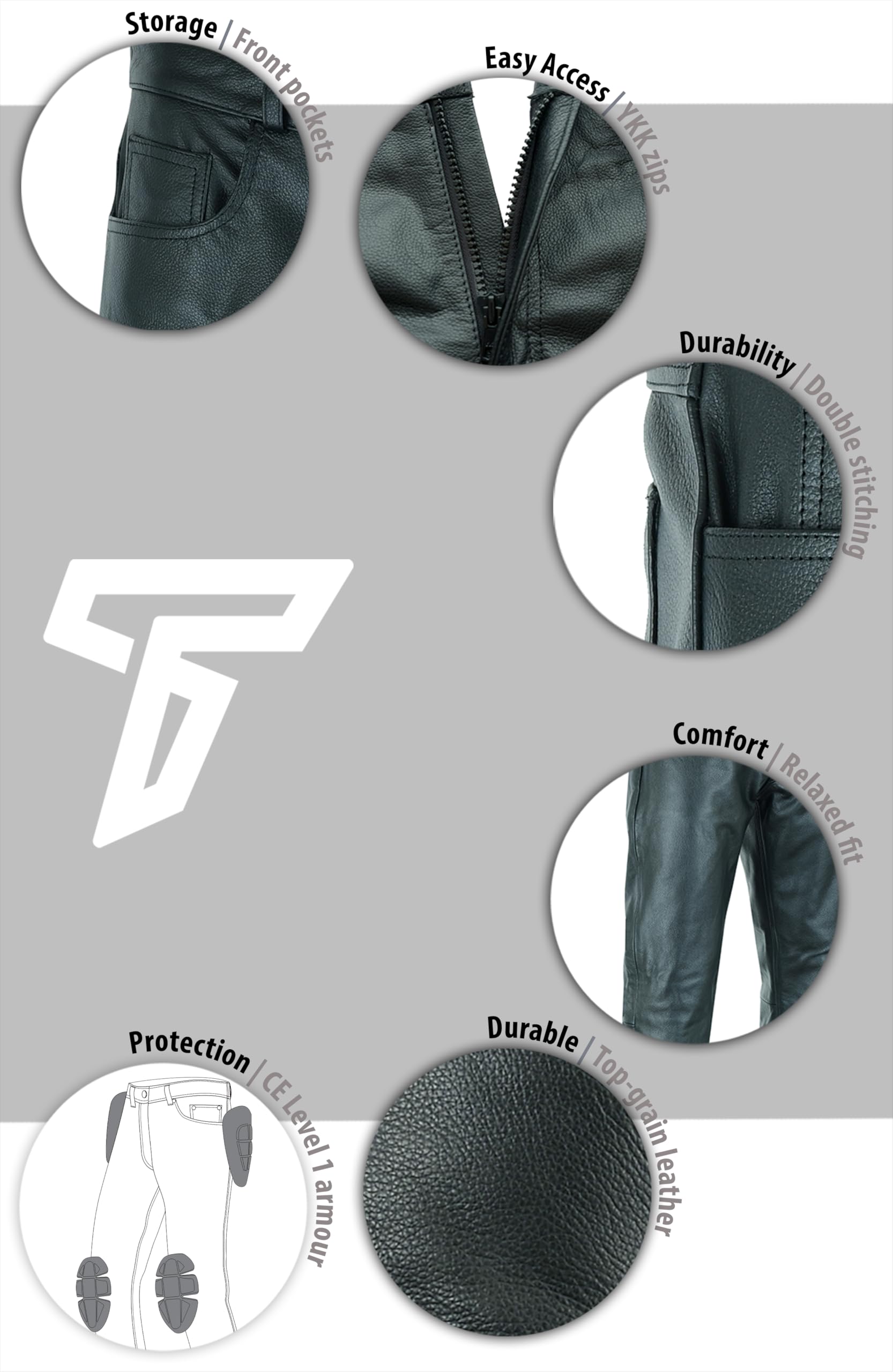 Texpeed Pantaloni da moto uomo - Invernali/Estate con protezioni - Motociclista touring in pelle per moto da crociera con protezione autentica CE Armor (EN 1621-1) - Nero