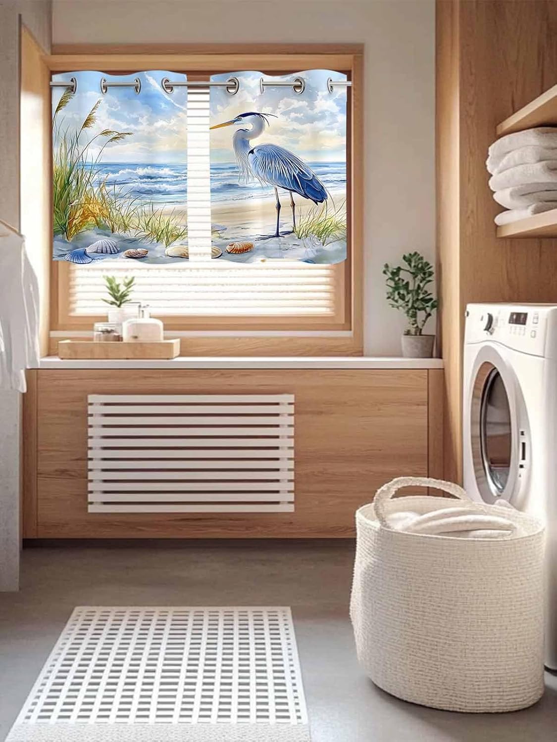 Window Curtain Coastal Beach Blue Seabird Shell Windows Drapes Panel,Summer Ocean Animal Plant Light Filtering Kitchen Cafe Curtains Drape Treatment Set of 2 with Grommet Top