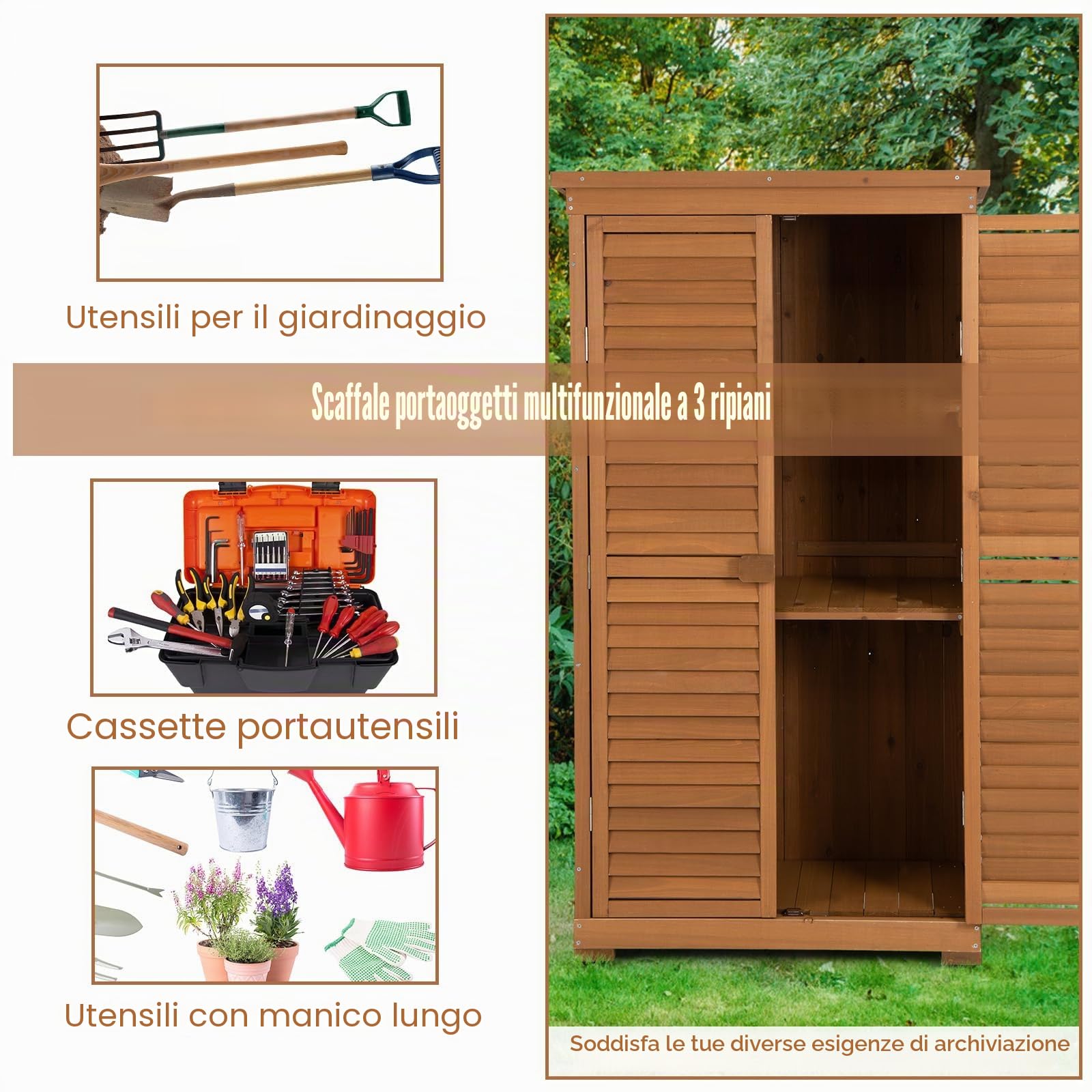 HOMASIS Armadio da giardino in legno, resistente alle intemperie, casetta da giardino con 2 ripiani regolabili, capanna per attrezzi con tetto asfalto, armadietto per attrezzi da giardino, capanno in