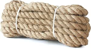 Jute Rope 3/4 In X 100 Ft , 19mm Thick Twisted Manila Ropes Natural Heavy Duty Hemp Rope Swing Bed Crafts Railing Tug War Landscaping Gardening Bundling H