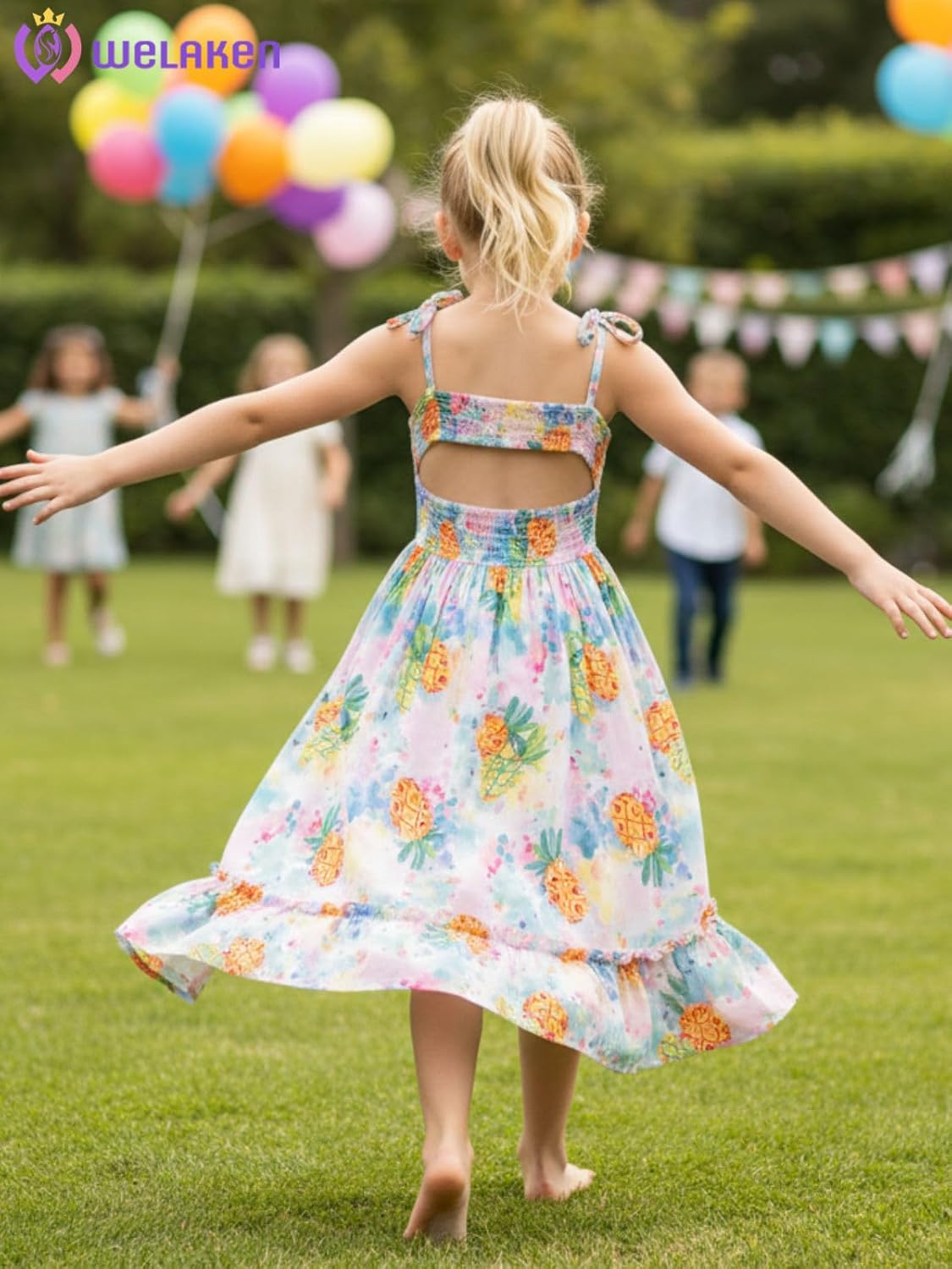 WELAKEN Girls Summer Dress A-Line Spaghetti Strap Open Back Twirl Sundress for Kids - Image 3