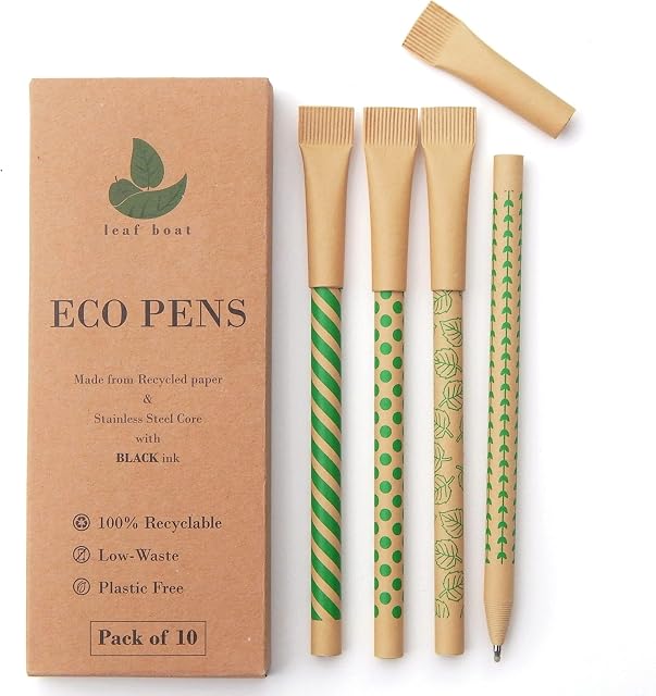 leaf boat Eco-Friendly Pens - Low Waste Packaging - Biro Pens Black Teachers Gift - Pack of 10 & 24 - Recyclable Eco Stationery Paper Packaging Pens - Low Wastage & Plastic Free Black Pens