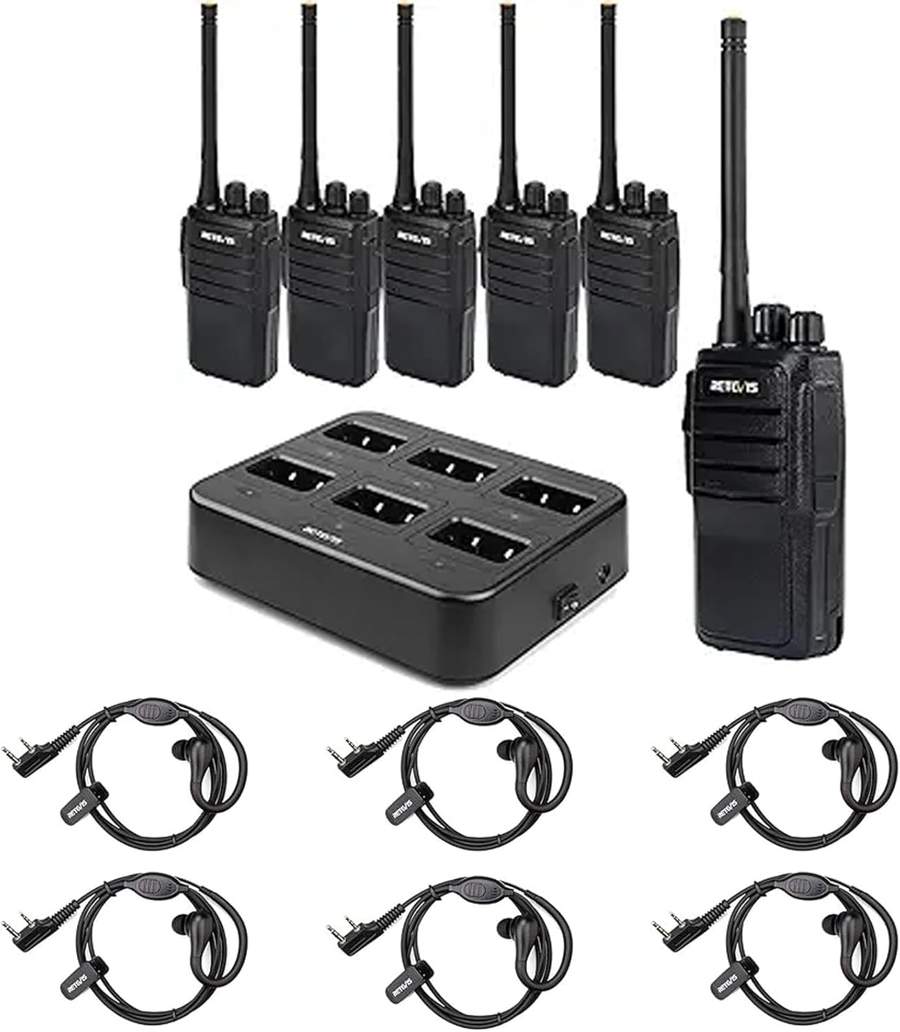 Retevis RT21 Updated Walkie Talkies(6 Pack) with Walkie Talkie Earpiece(6 Pack), Two Way Radios Long Range Rechargeable, 3000mAh Battery, with Six-Way Charger, for Security Warehouse