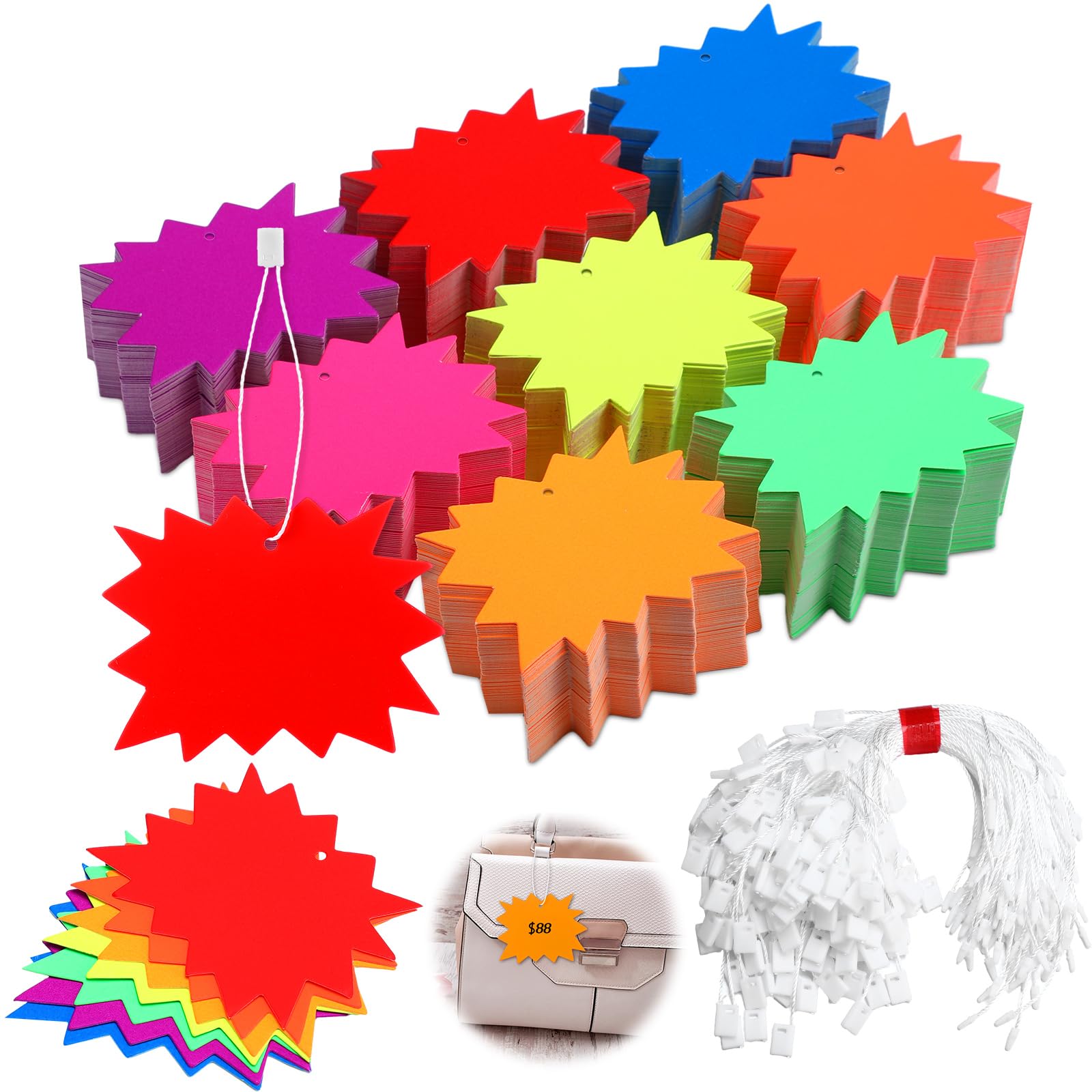 Harloon 1000 Sets Price Tags with String 2.8 x 3.5 Inch Starburst Price Tags Paper Writable Blank Fluorescent Hang Label with Snap Pin Loop Fastener