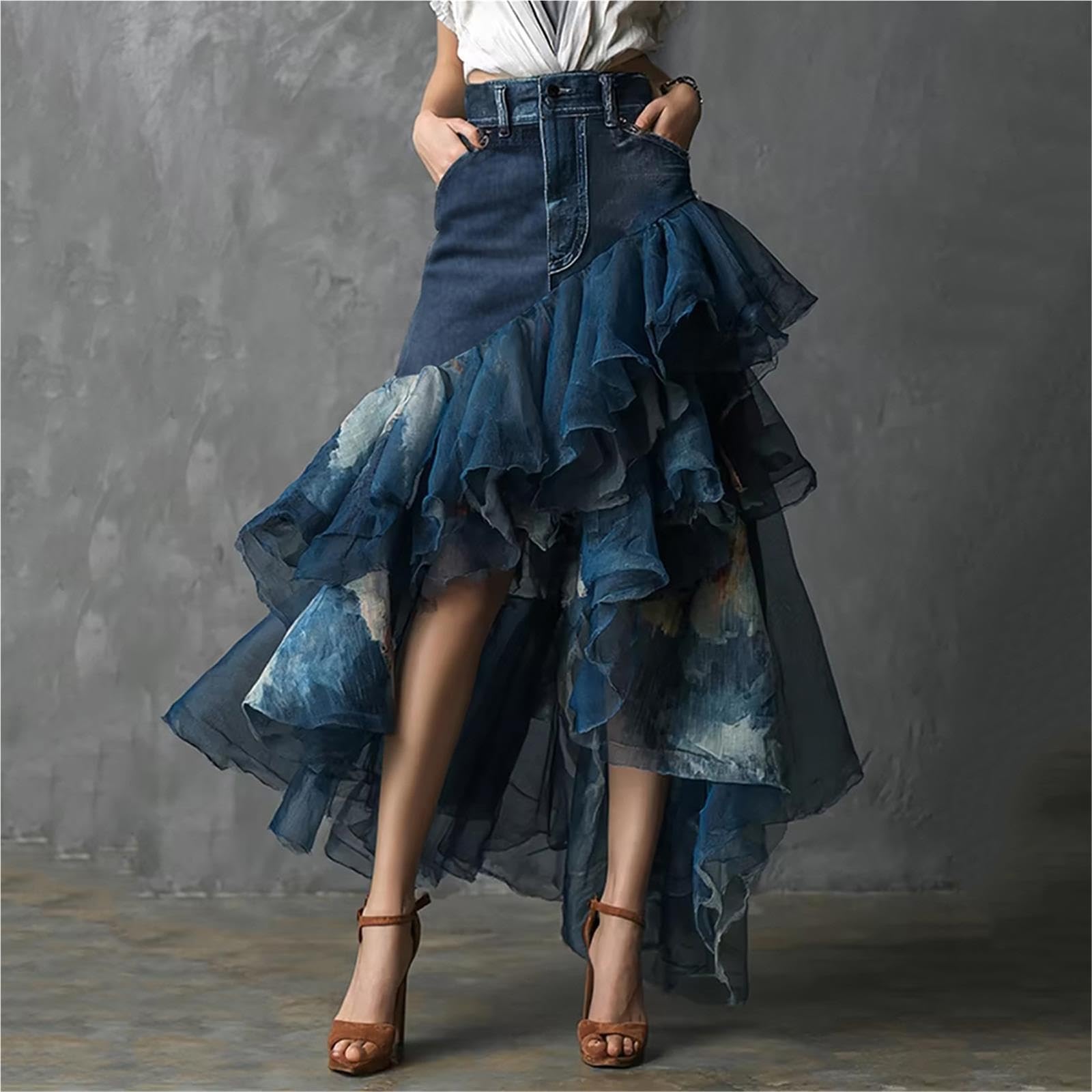 Gonna Lunga da Donna con Volant Patchwork in Denim a Vita Alta