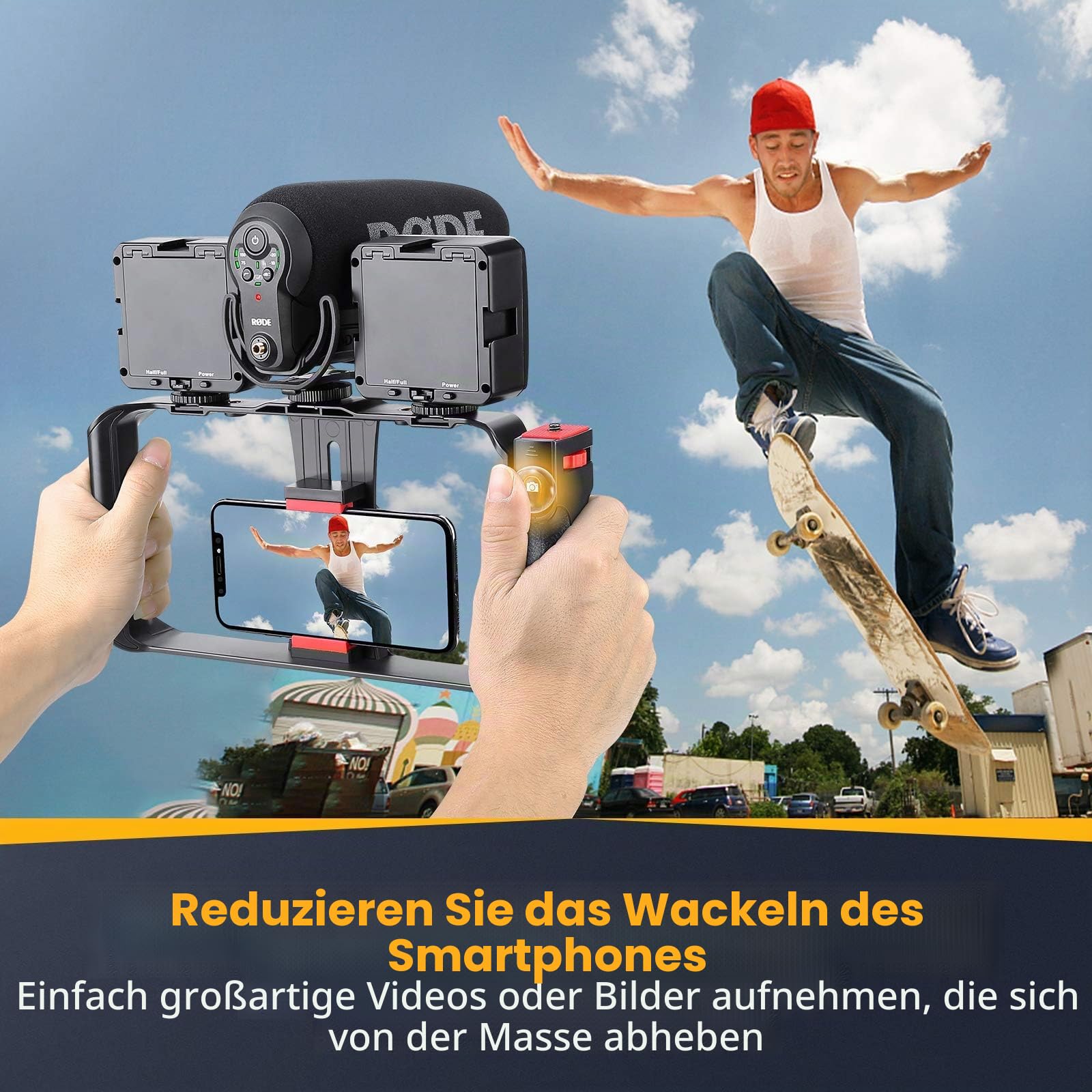 Zeadio Kabellos Smartphone Video Rig, Handgriff Griffstabilisator mit Fernbedienung für Video Maker Filmmaker Videographer, passend für alle iPhone- und Android-Smartphones