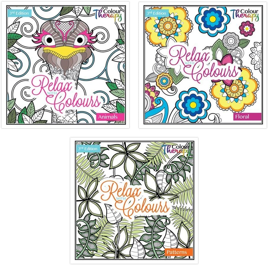 Relax With Colours - Full set of 3 Colour Therapy Adult Colouring Books - Animals, Floral & Patterns