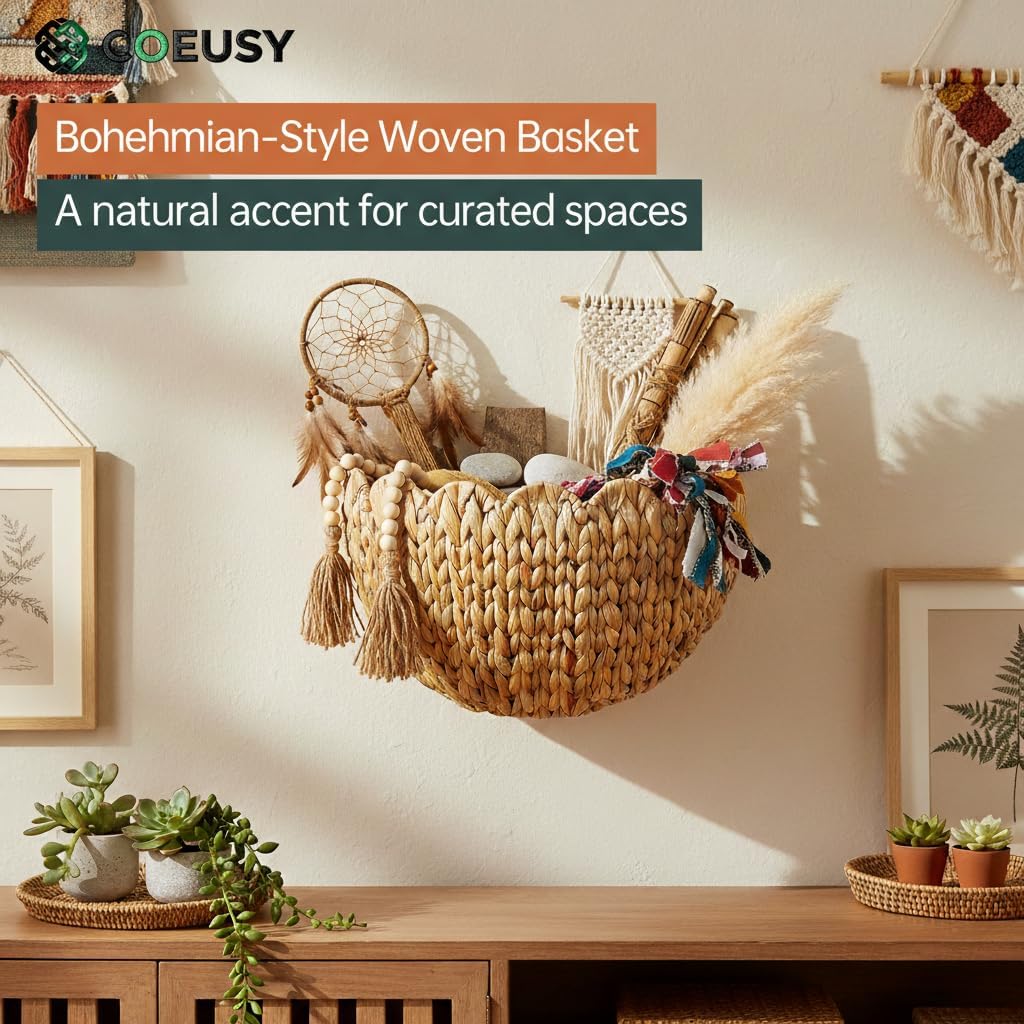 Scalloped Wall Basket,Boho Wall Decor Basket,Big Wicker Hanging Baskets for Nursery,Door,Plants,Mail,Natural Water Hyacinth