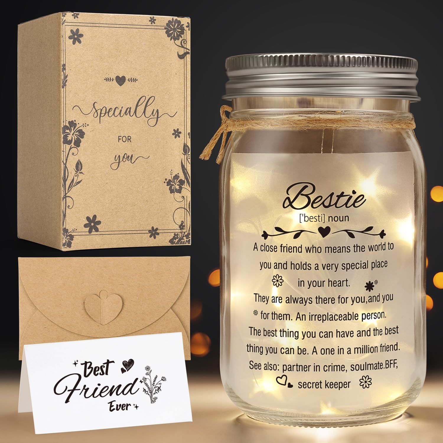 Bestie Gifts for Women Friendship, Mason Jar Night Light,Gifts for Friends Female,Best Gifts Friend Gifts for Women Birthday,BFF Soul Sister Work Bestie Gifts for Thankgiving Gifts