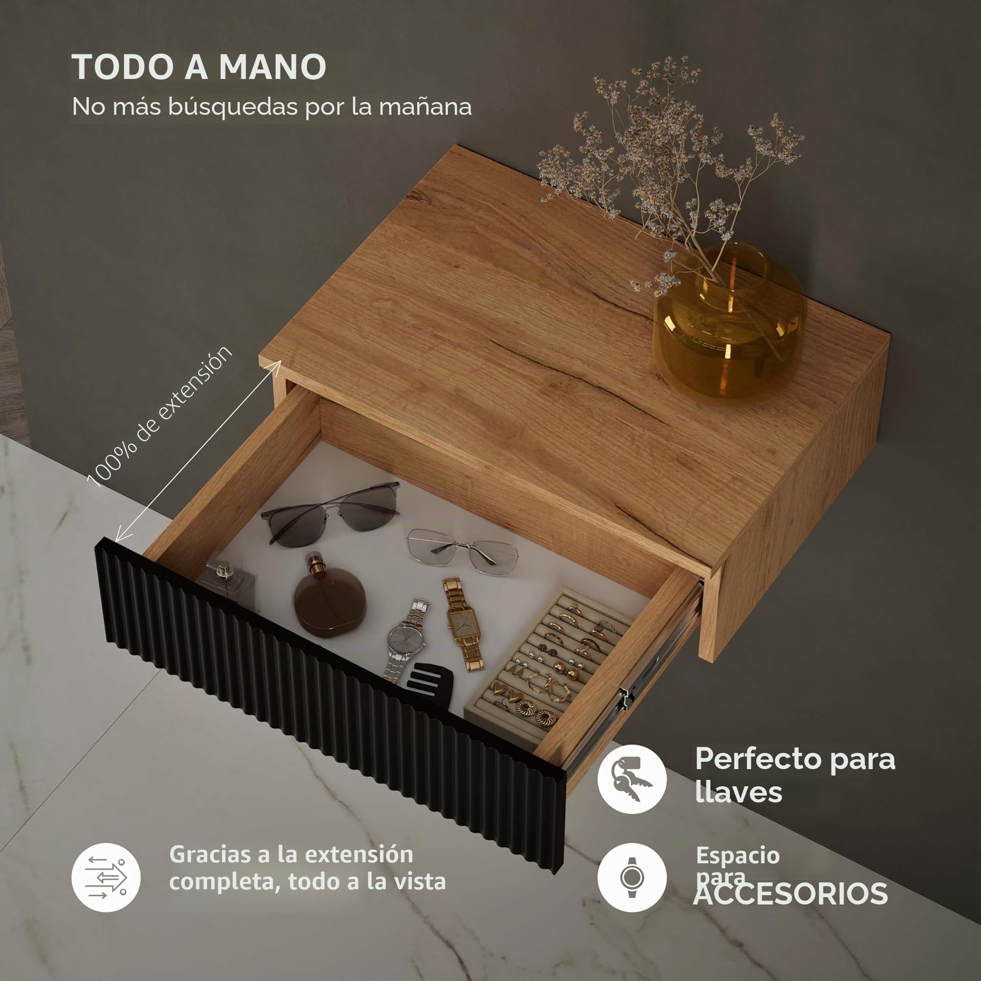Planetmöbel Amyra - Consola estrecha con cajón, consola de pared para armario, pasillo y tocador, color dorado y negro, 50 x 16 x 35 cm