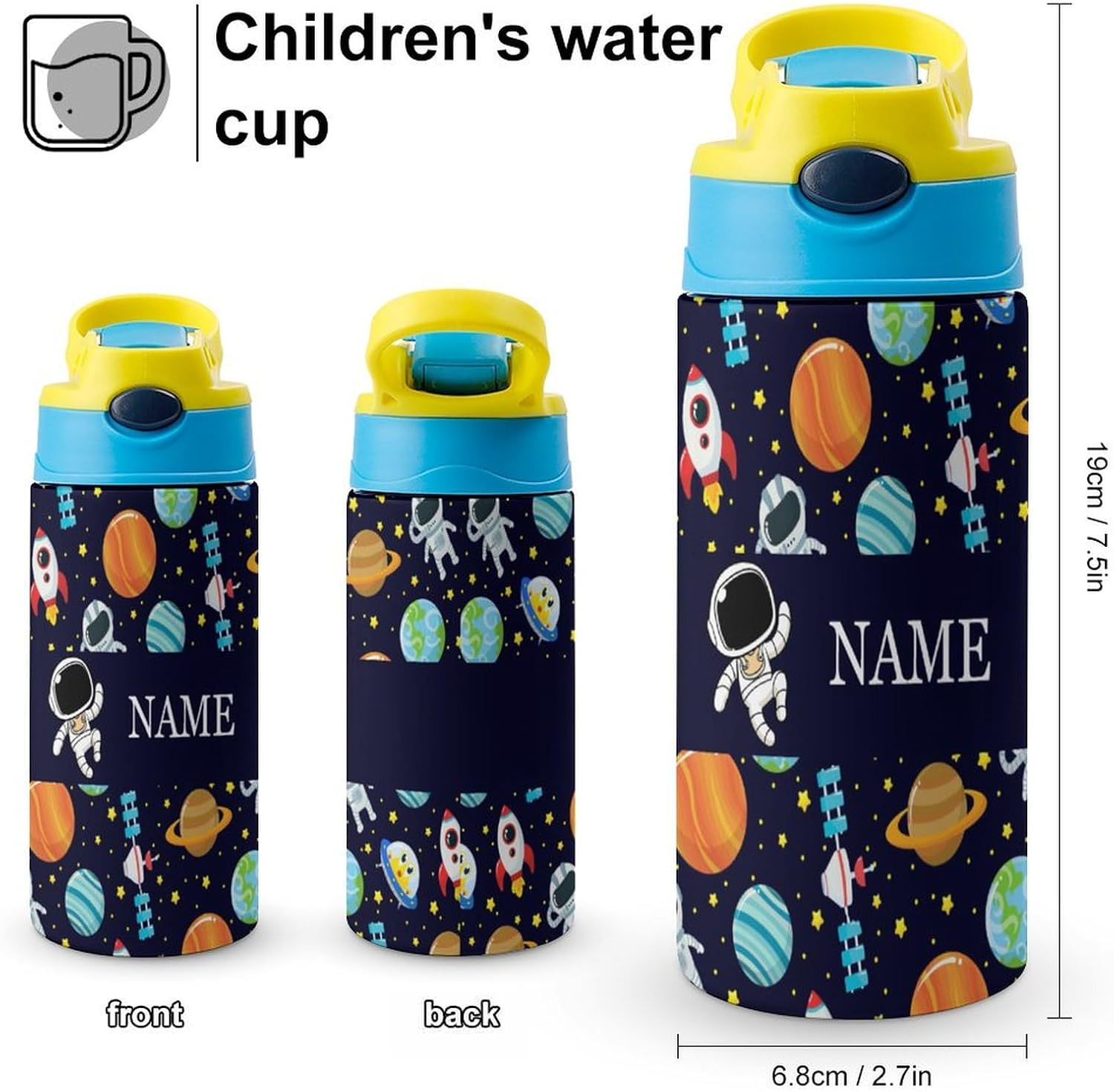 Custom Astronaut Galaxy Planets Kids Water Bottle Personalized Name Water Bottle with Leak-Proof Straw Lid Customized Stainless Steel Insulated Cup for Girls Boys