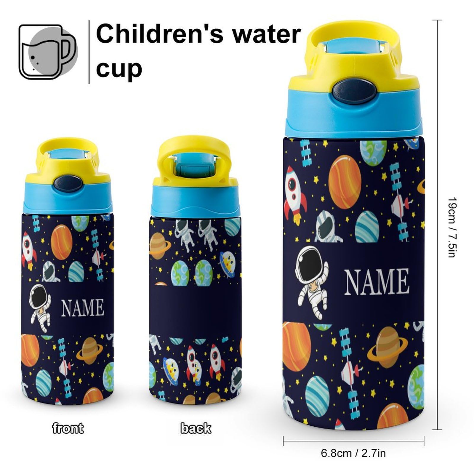 Custom Astronaut Galaxy Planets Kids Water Bottle Personalized Name Water Bottle with Leak-Proof Straw Lid Customized Stainless Steel Insulated Cup for Girls Boys