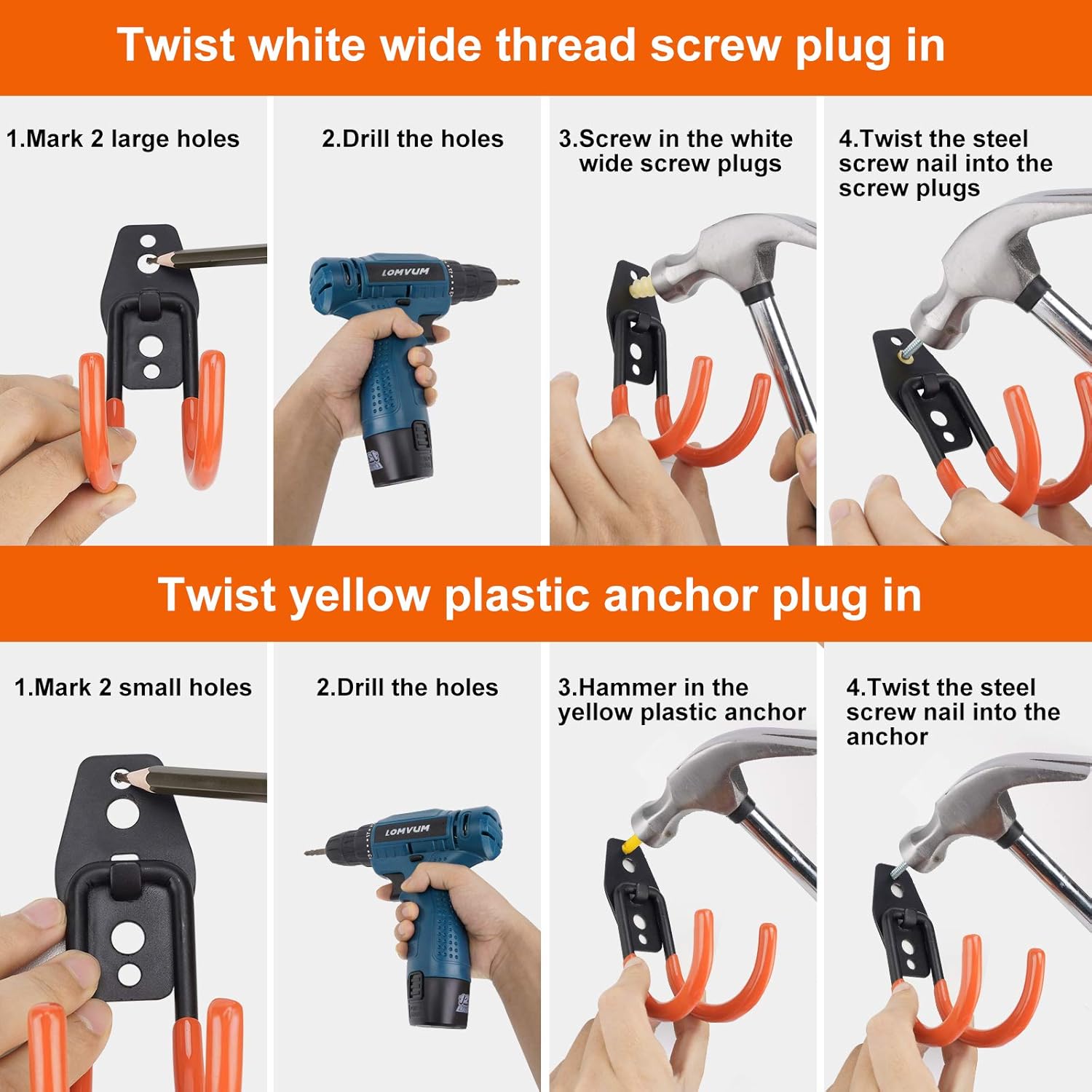 Dorisy Upgraded 16 Packs Garage Hooks Utility Double Heavy Duty with Mop Broom Holders, Wall Mount Hooks, Garage Storage Organization and Tool Hangers for Power ＆ Garden Tools, Ladders, Bikes(Orange) : Everything Else