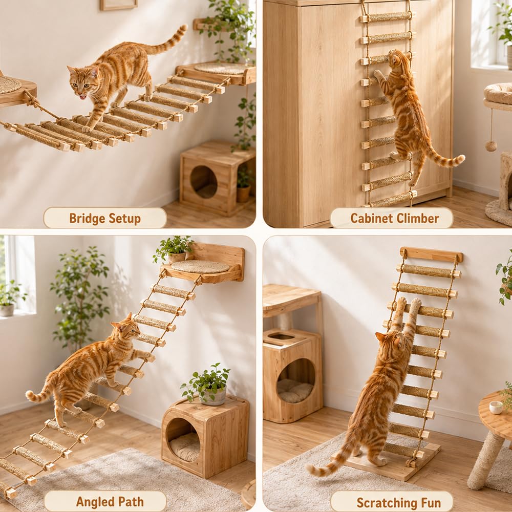 Katzenleiter Balkon,100 cm Holz und Sisalseil Katzentreppe Katzenleiter