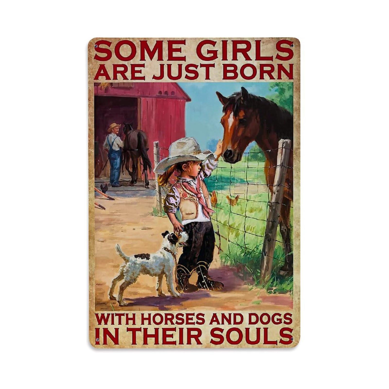 Jdyaojiesheng Vintage Cowgirl Horse Dog Barn Ranch Tin Sign Retro Metal Wall Decor Metal Poster, Home Bar Garage Farmhouse Cafe Wall Art Decoration 8X12inches
