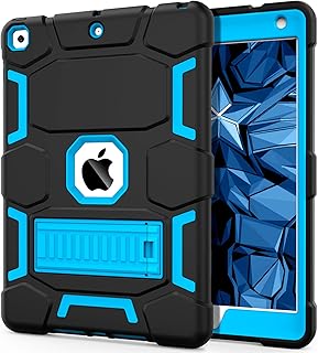 iPad 9th Generation Case, iPad 8th/7th Generation Case, iPad 10.2 2021/2020/2019 Case with Kickstand, Heavy Duty Shockproof Hybrid Three Layer Protective Cover for Kids Boys, Black+Sky Blue