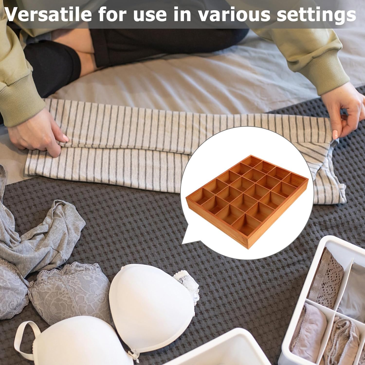 Luxshiny Wooden Display Box Compartment Organizer for Socks Jewelry and Accessories Wood Storage Tray for Home Office and Bathroom Countertop Space-saving Design