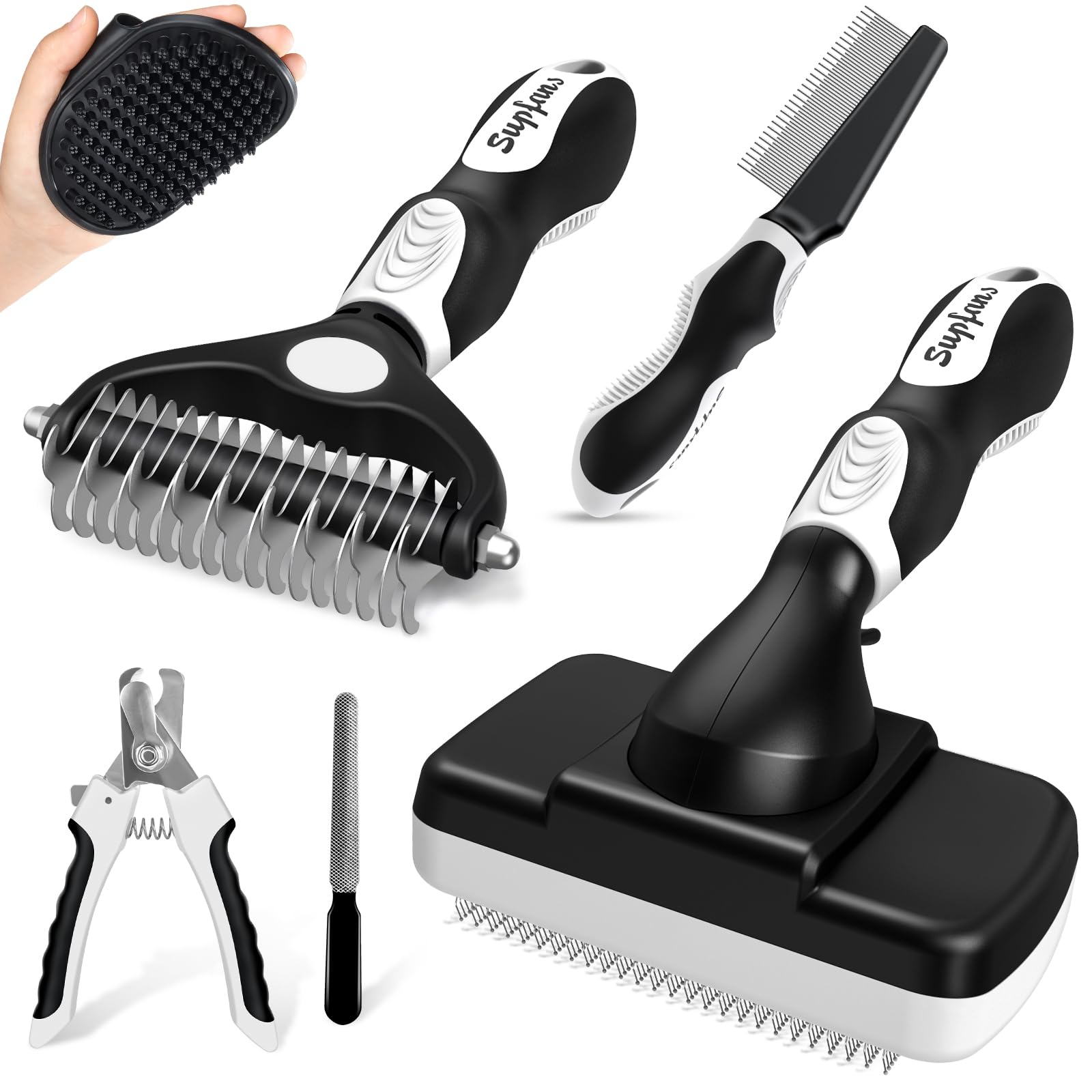 6 in 1 Pet Grooming Kit - Dog&Cat Comb, Deshedding Brush, Nail Clipper with File, Bath Brush - Premium Pet Supplies (Black White)