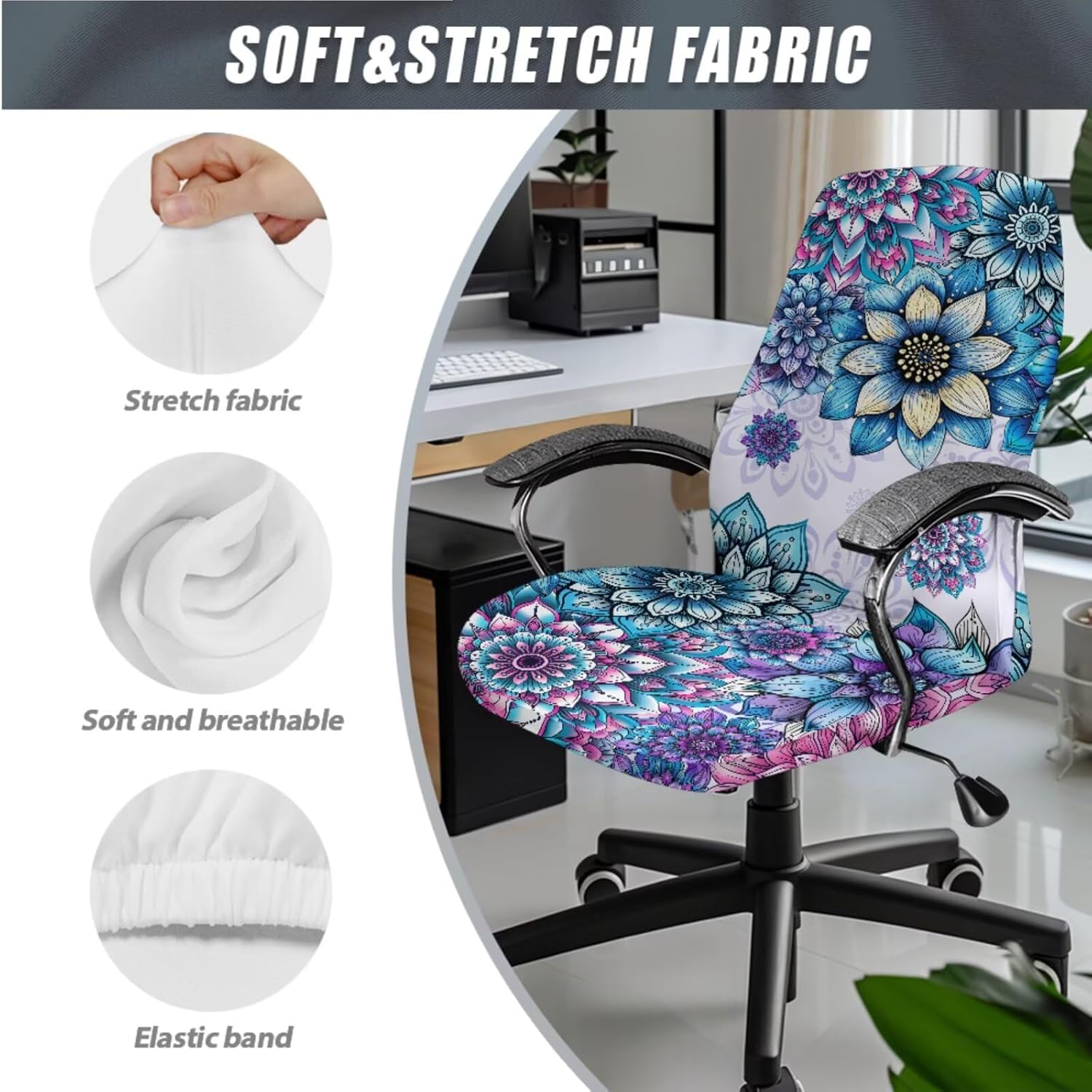 Boho Mandala Floral Print Office Chair Cover, Anti-Dust Chair Cover for Swivel Executive Office Chair Thick High Back Chair Slipcover with Elastic Bottom Desk Chair Seat Protector-L
