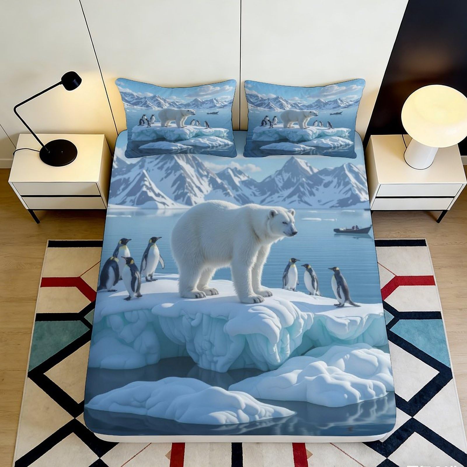 3D Printed Polar Animals Fitted Sheet Microfiber Non-Slip Deep Pocket Arctic Penguin Polar Bear Mattress Fitted Cover Bedroom Bedding 140x200x25cm