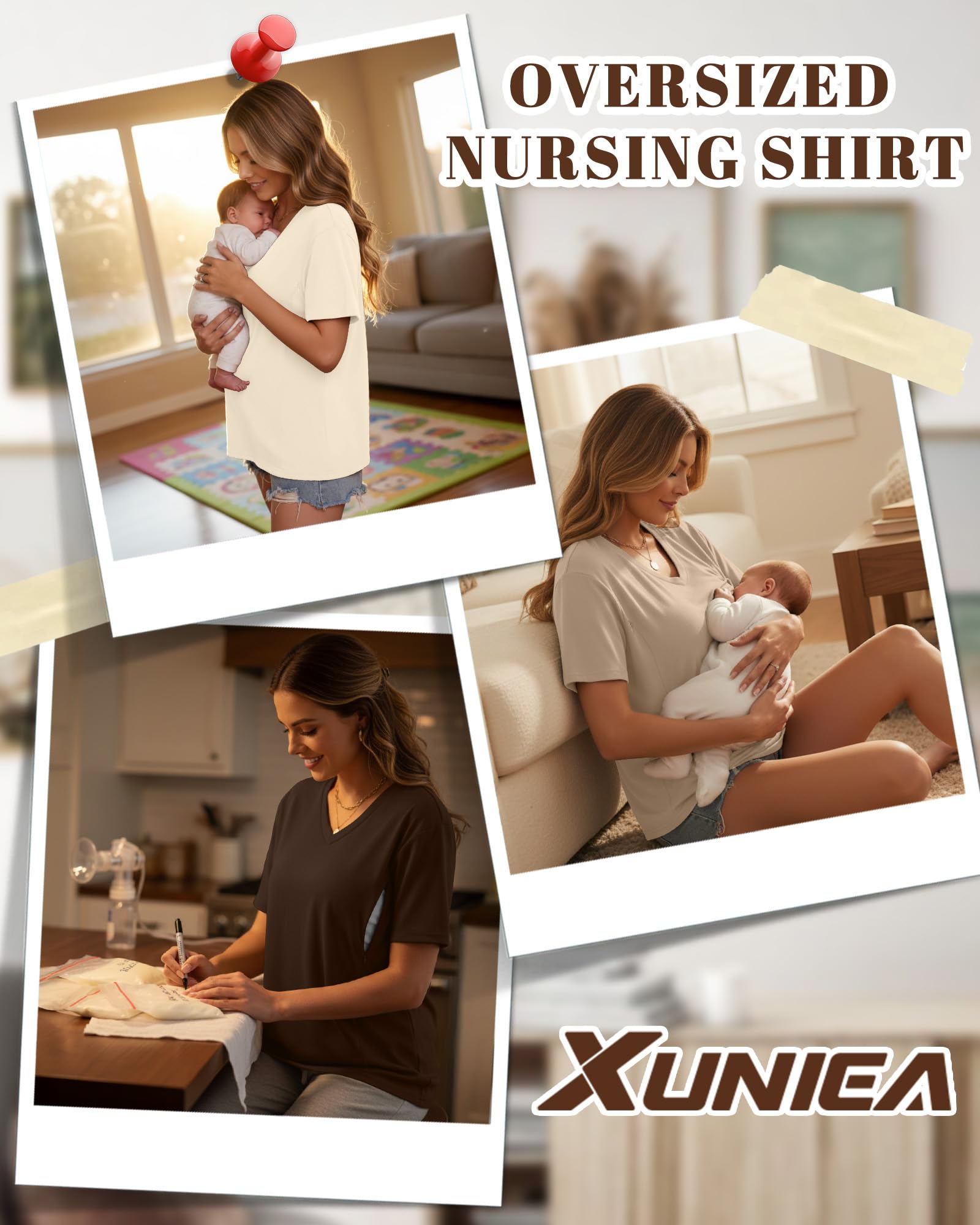 Xuniea Lot de 3 Hauts d'allaitement Oversize pour Femme, Coupe Ample, Manches Courtes, Fermetures éclair Invisibles