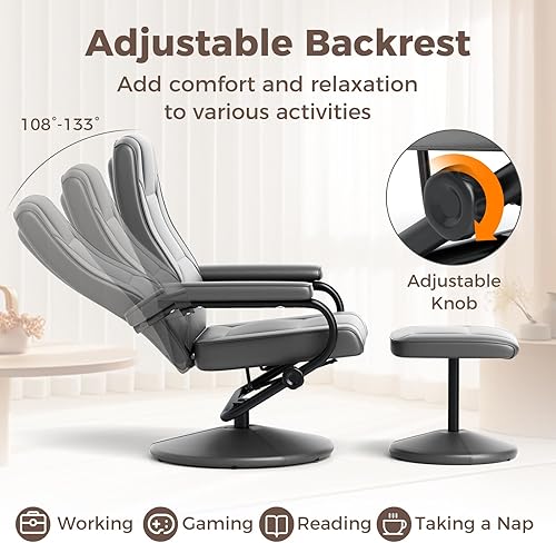 Miniatura 10 de POWERSTONE Silla reclinable con otomana, silla reclinable giratoria de piel sintética con reposapiés, sillón para sala de estar, silla de descanso