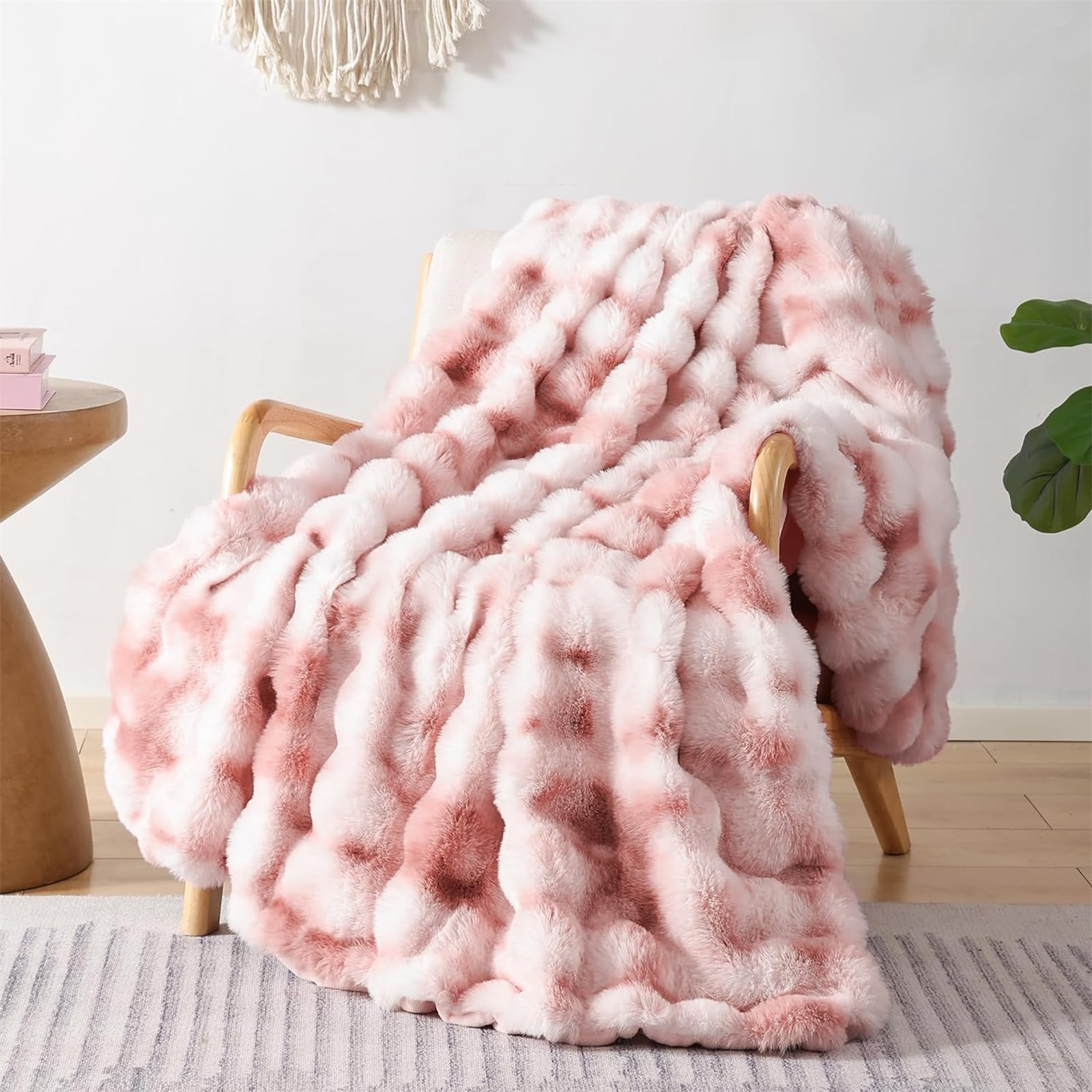 Lingky Women's Tie Dye Pink Faux Rabbit Fur Luxury Plush Sherpa Throw Blanket - Super Soft Cozy Fuzzy Sofa Blanket Large Fluffy Blankets Warm Bed Throws For Couch Bed Sofa, 100X160cm,