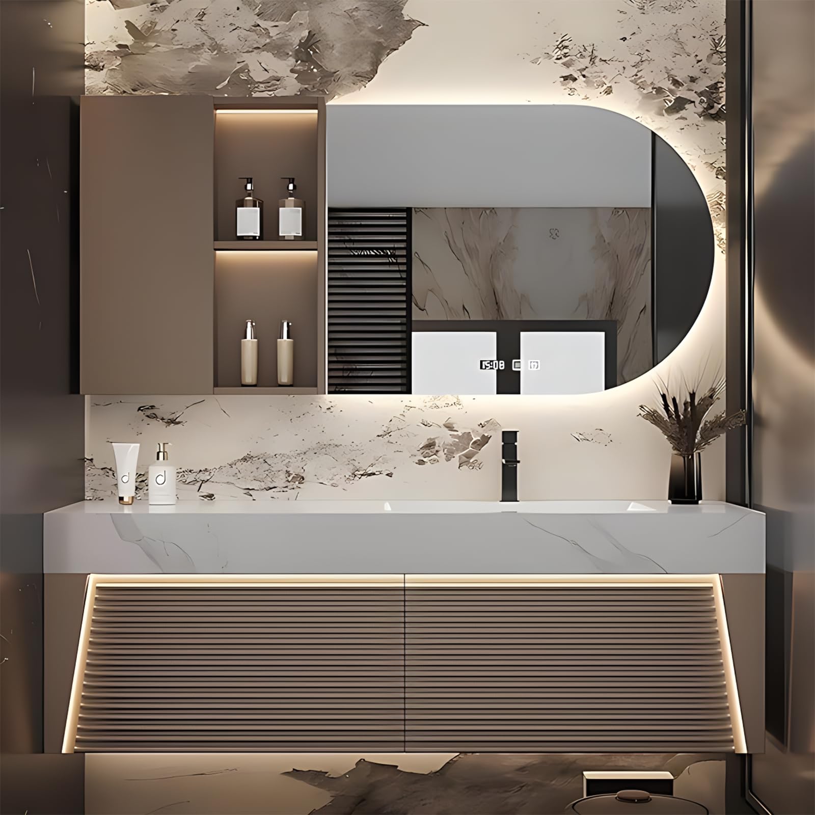 LUTHXAY Floating Bathroom Vanities with Sink, Single Sink Bathroom Vanity Set Includes LED Smart Defog Mirror & Side Cabinet, Modern Bathroom Vanity