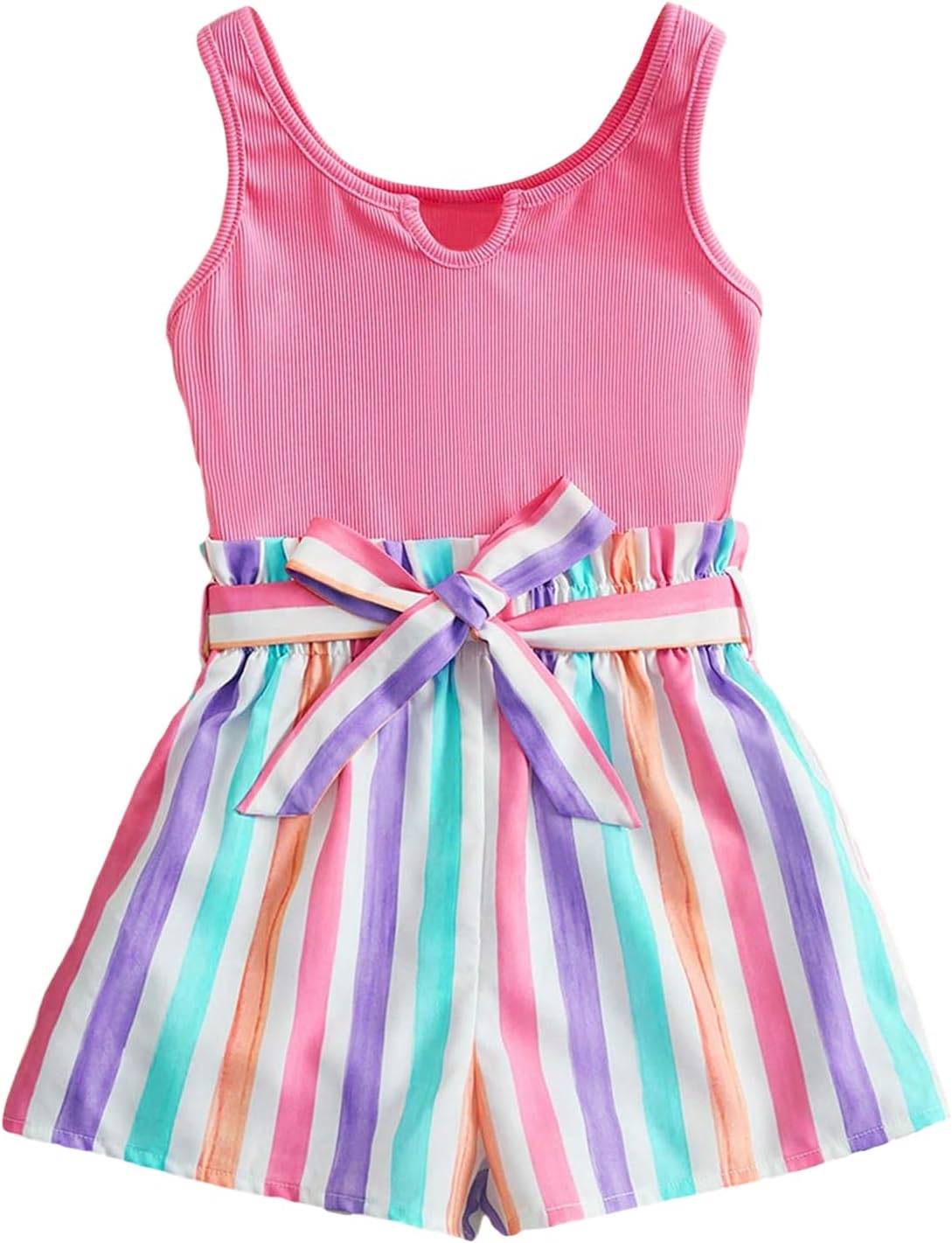 FloernsGirls Colorblock Striped Print Notched Neck Tank Short Rompers