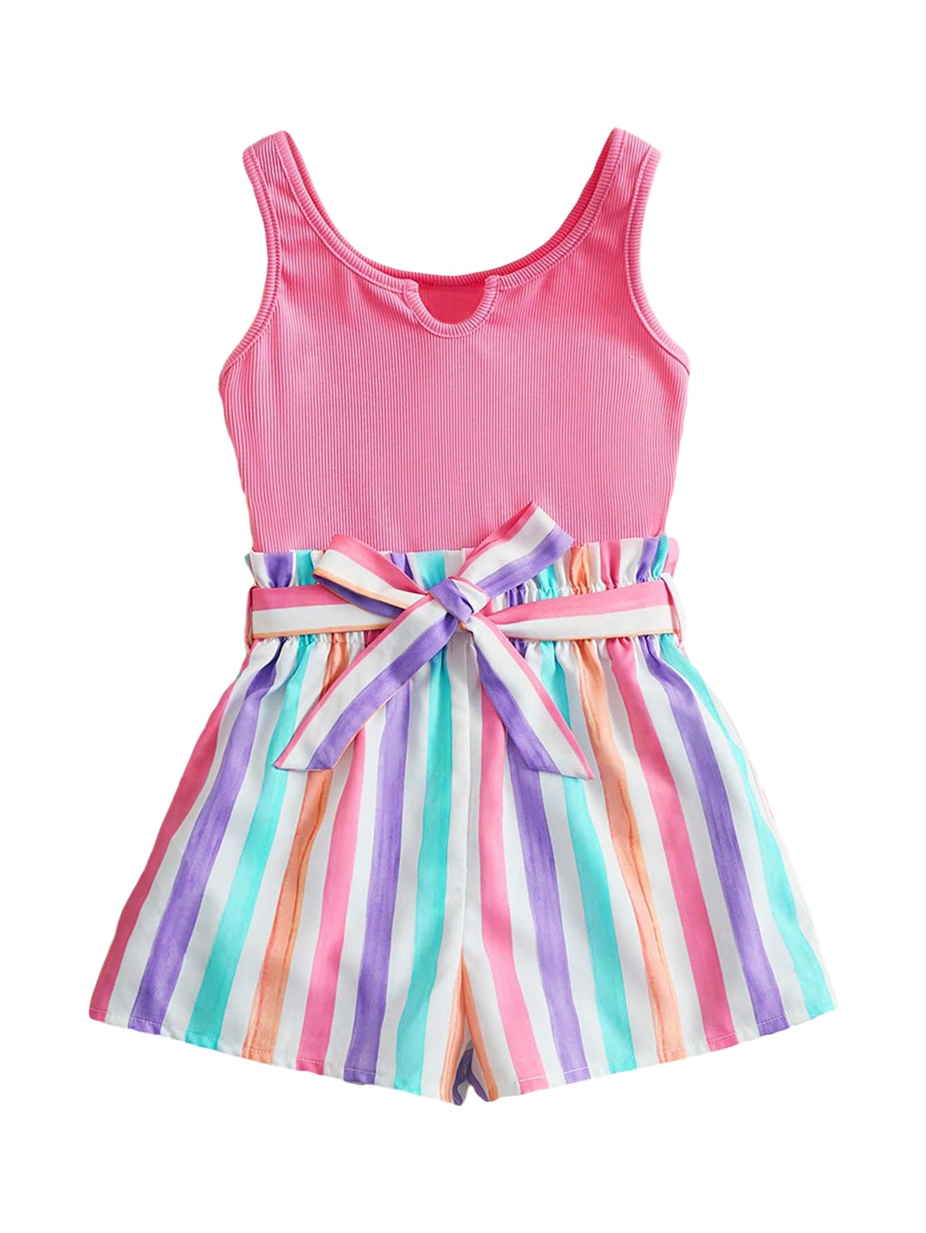FloernsGirls Colorblock Striped Print Notched Neck Tank Short Rompers