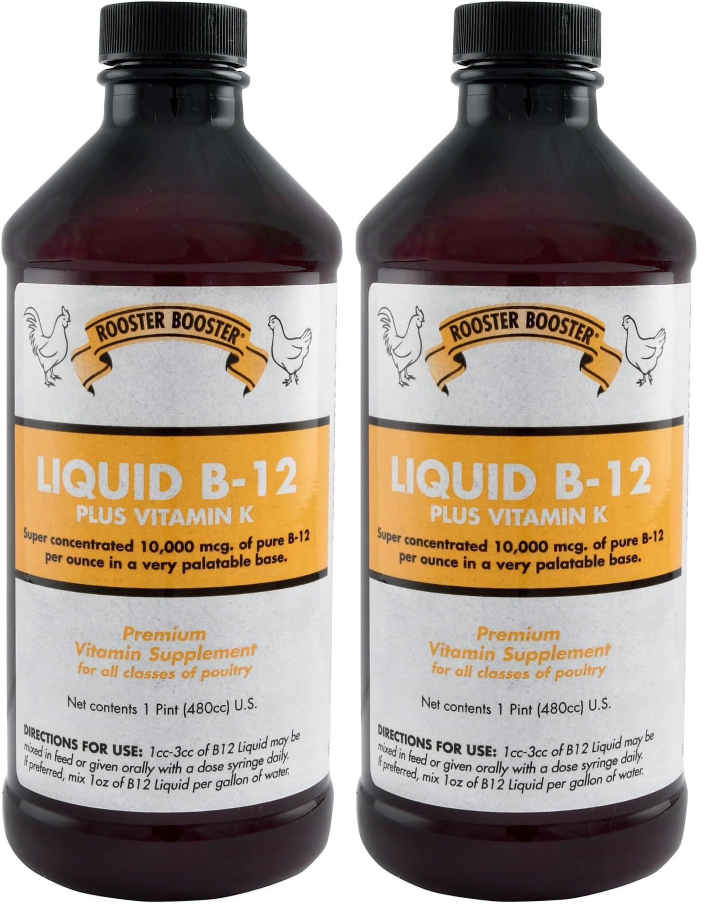 Rooster Booster Suplemento de vitamina B12 líquida para aves, 10.000 mcg por 28 g, 2 frascos de 454 g