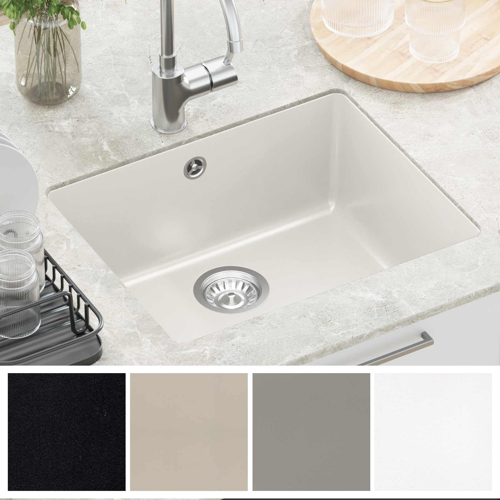 Lavabo blanco de 530 x 460 mm de 80% cuarzo y 20% resina de granito fregadero con juego de accesorios y filtro de desagüe para cocinas modernas, resistente al calor y a los arañazos